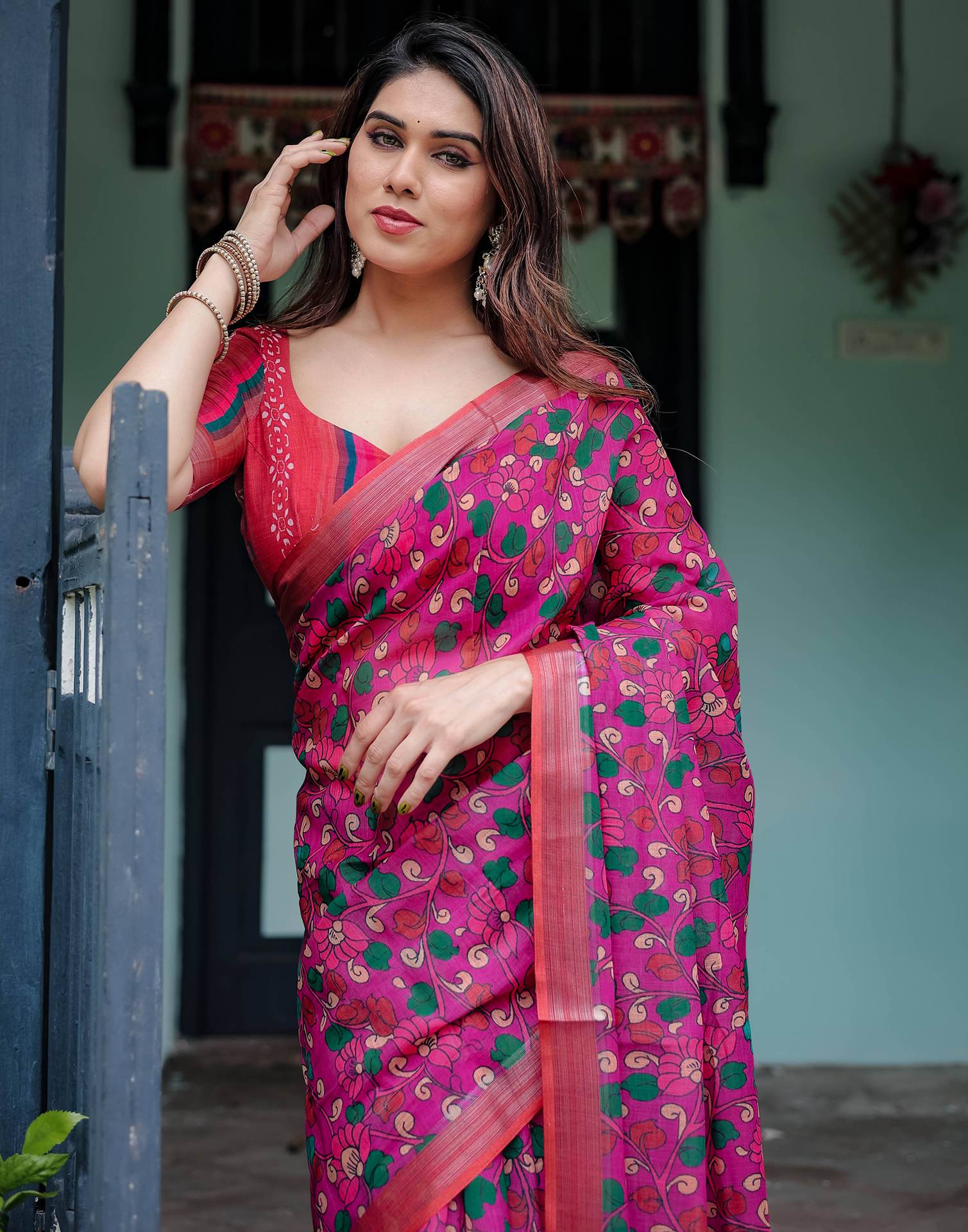 Rani Pink Linen Kalamkari Saree