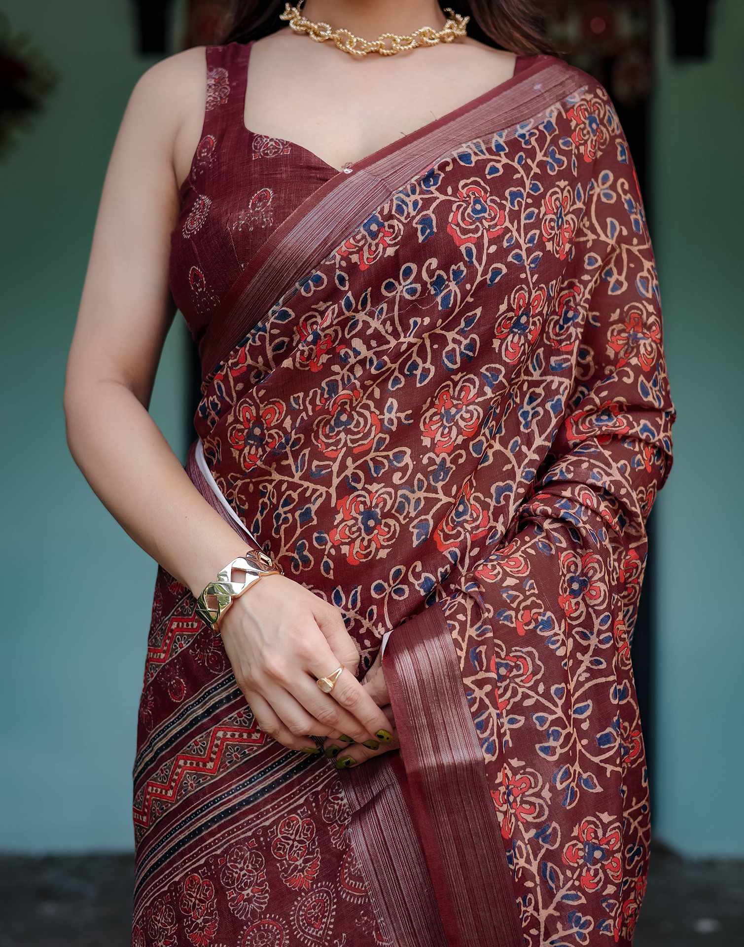 Maroon Linen Printed Saree