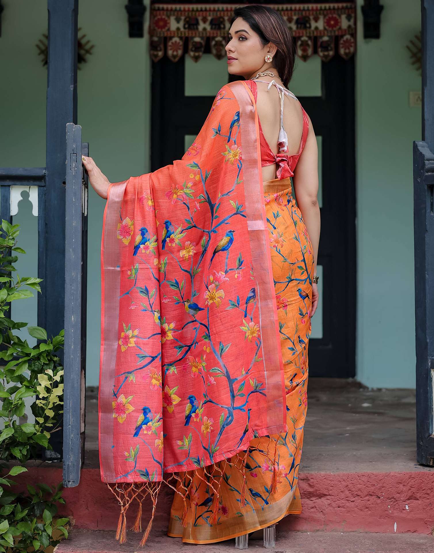 Orange Linen Printed Saree