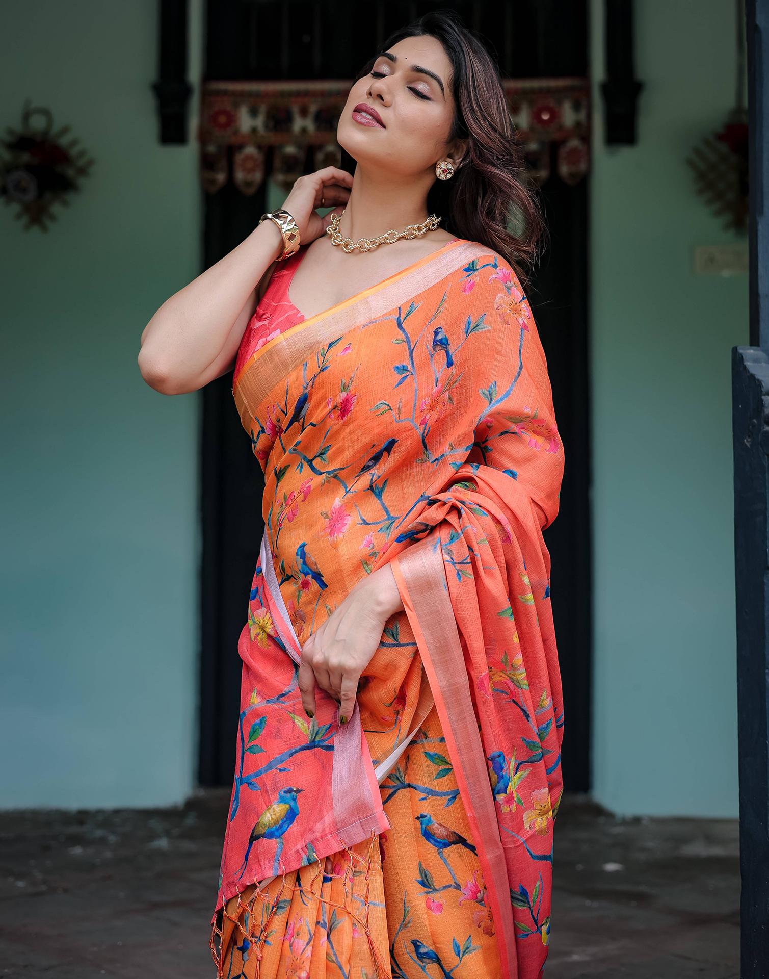 Orange Linen Printed Saree