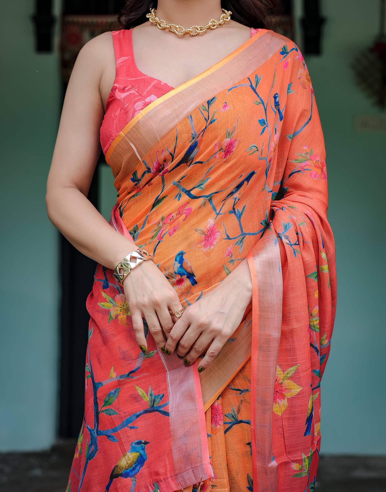 Orange Linen Printed Saree