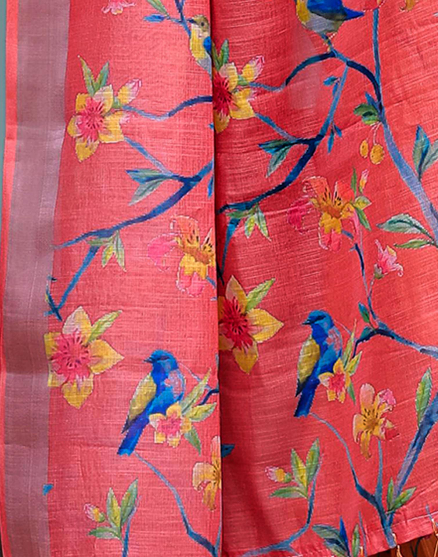 Orange Linen Printed Saree