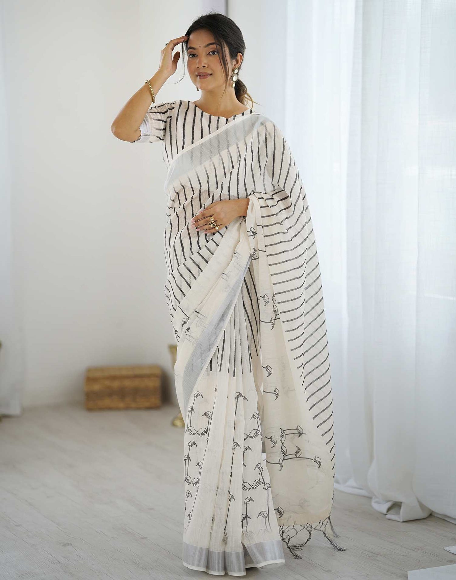 Off White Linen Printed Saree