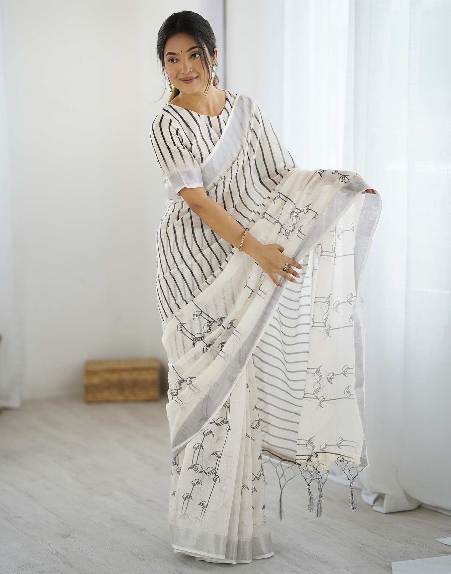 Off White Linen Printed Saree