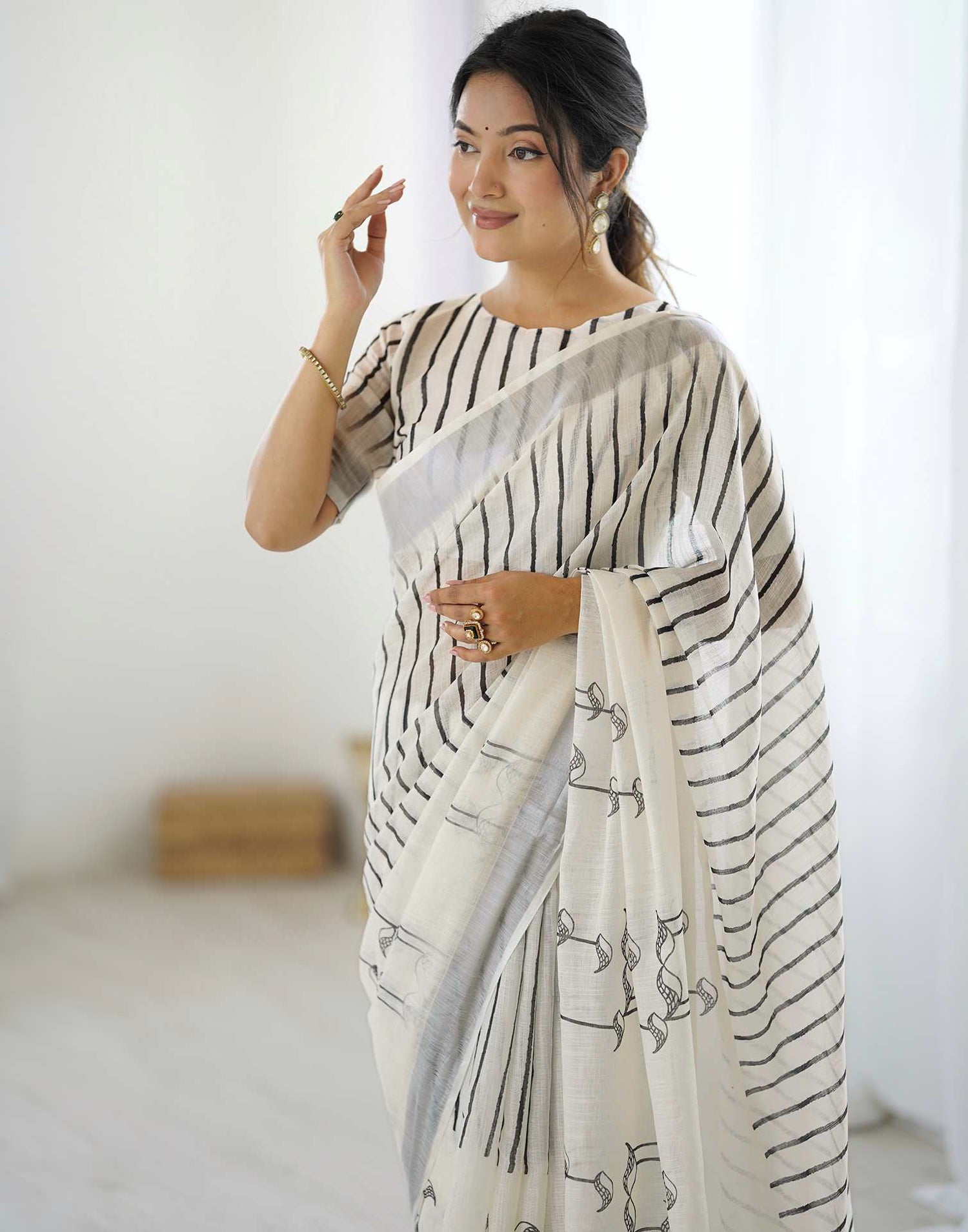 Off White Linen Printed Saree