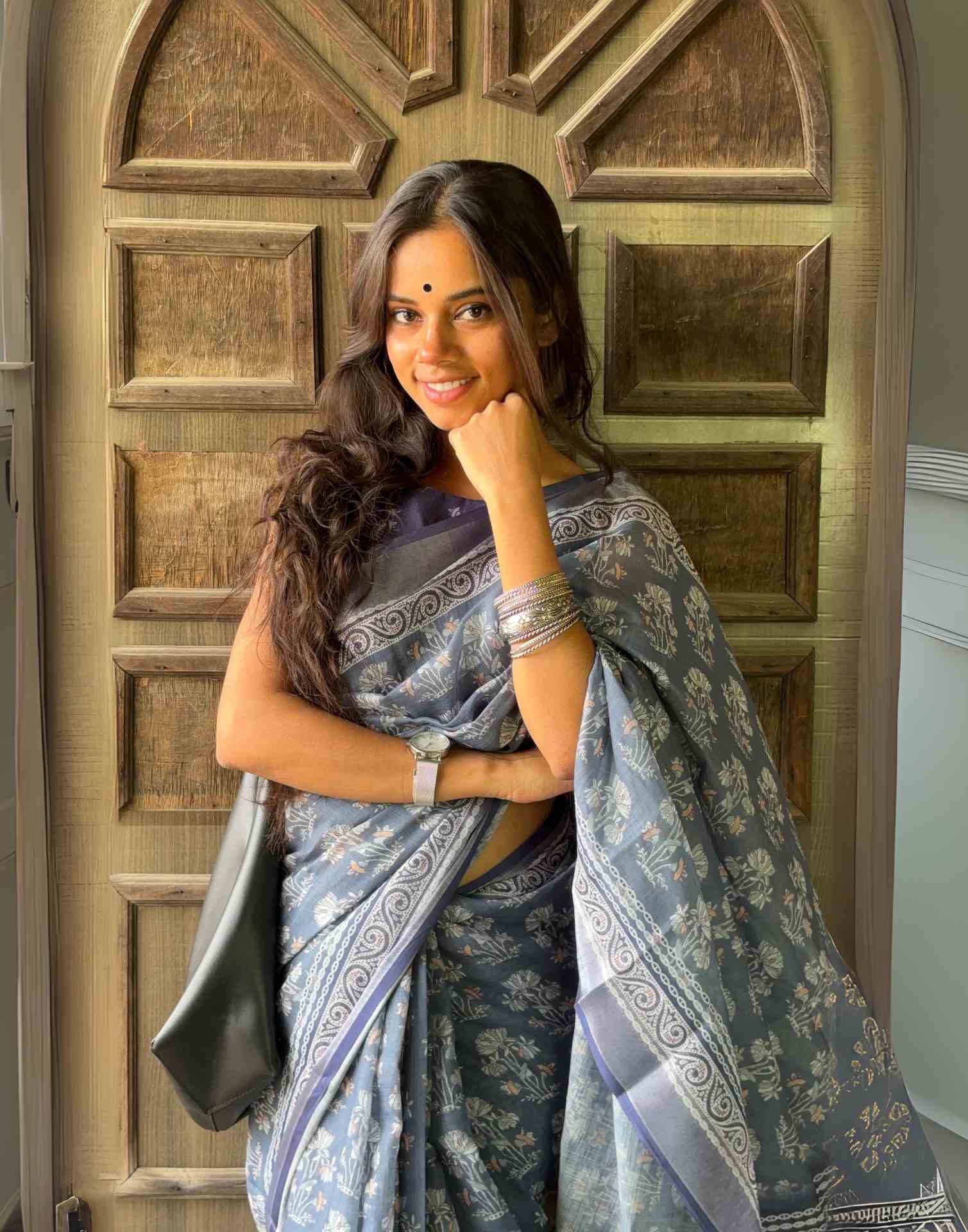 Dusty Blue Linen Printed Saree