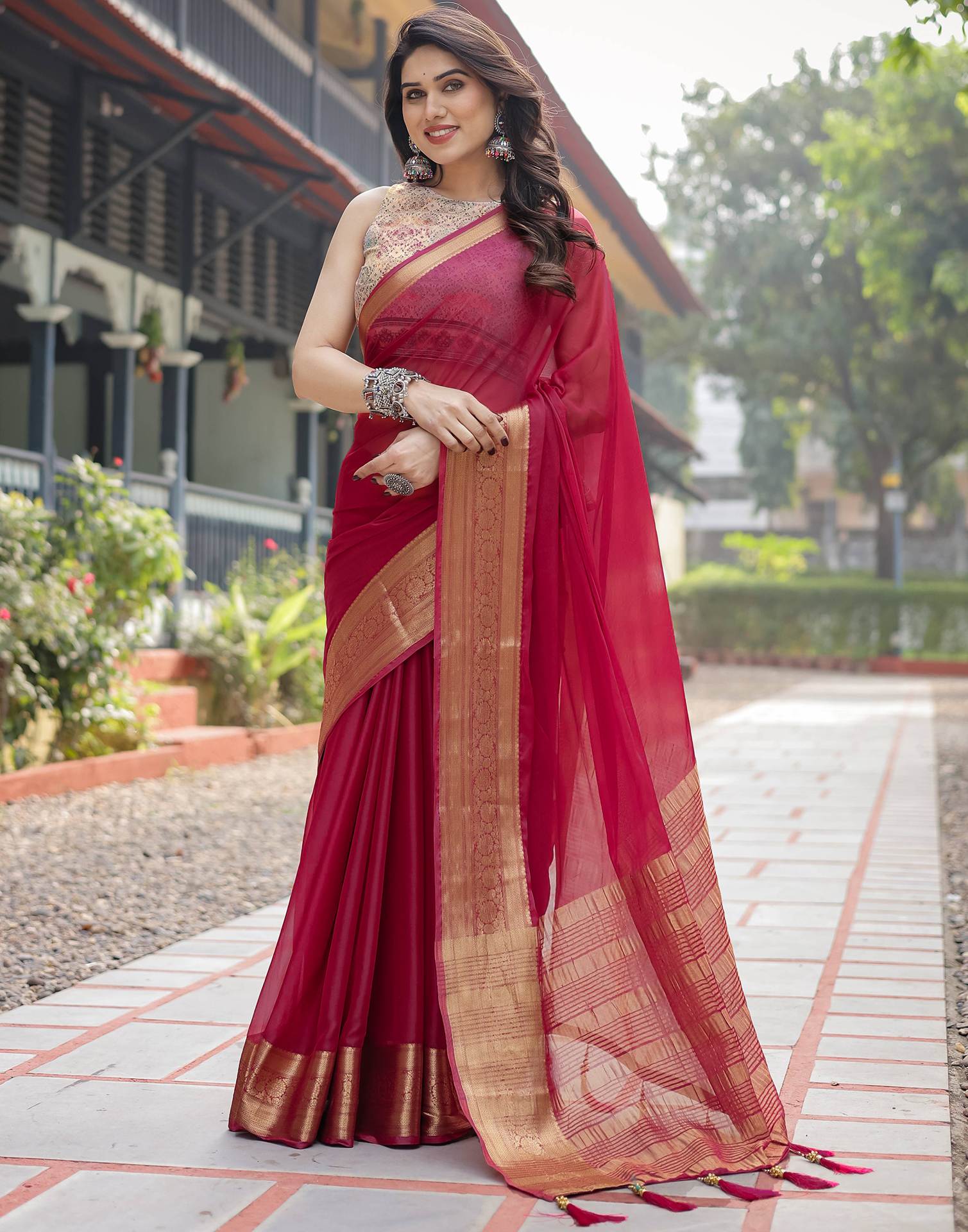 Rani Pink Chiffon Woven Solid Saree