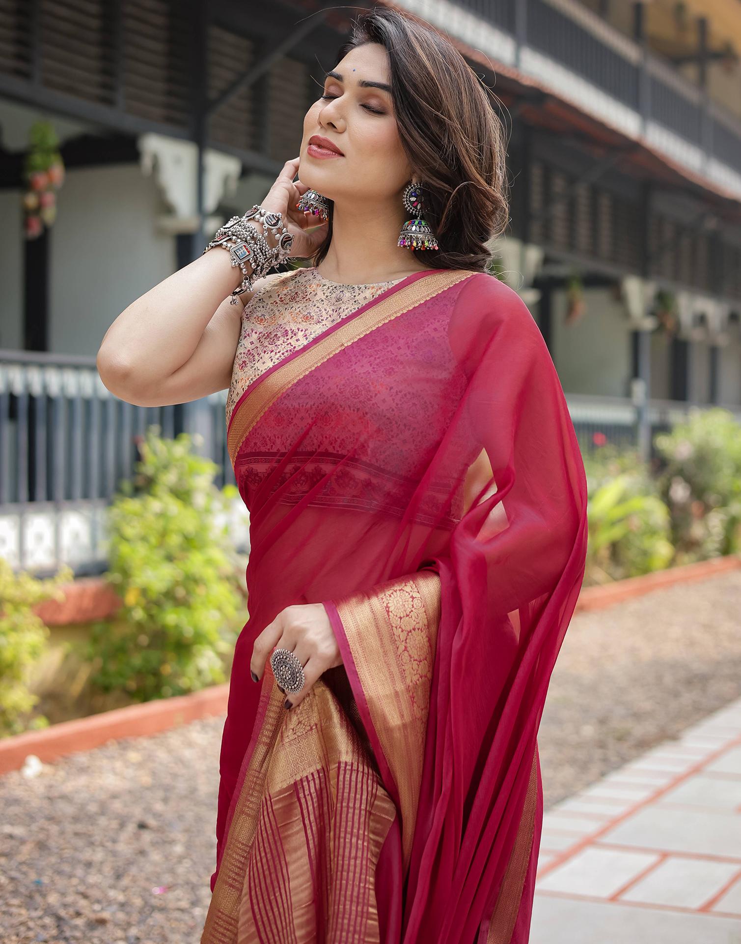 Rani Pink Chiffon Woven Solid Saree