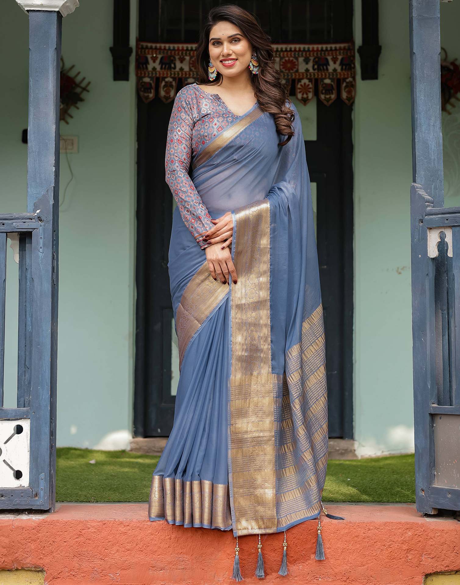 Dusty Blue Chiffon Woven Solid Saree