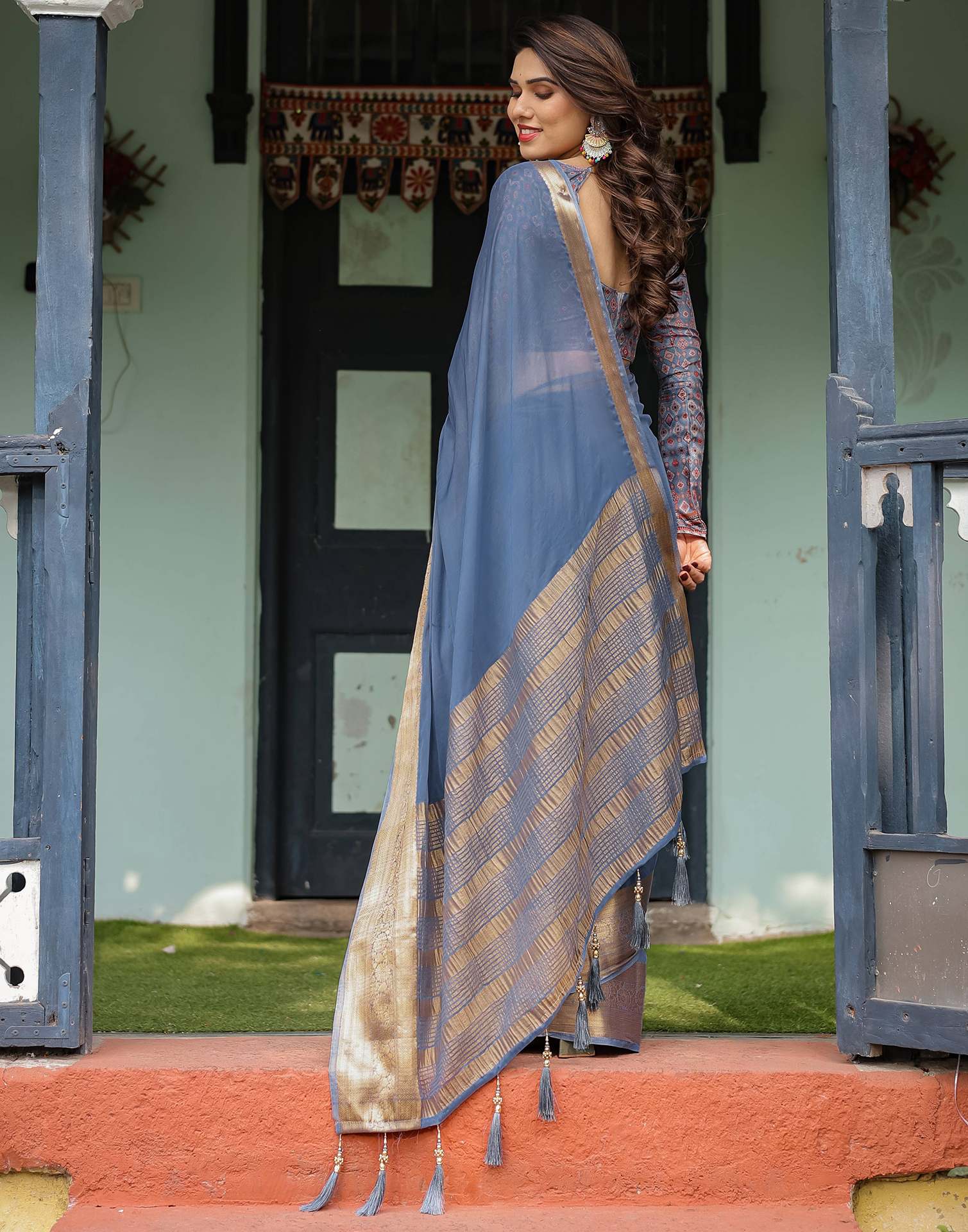 Dusty Blue Chiffon Woven Solid Saree
