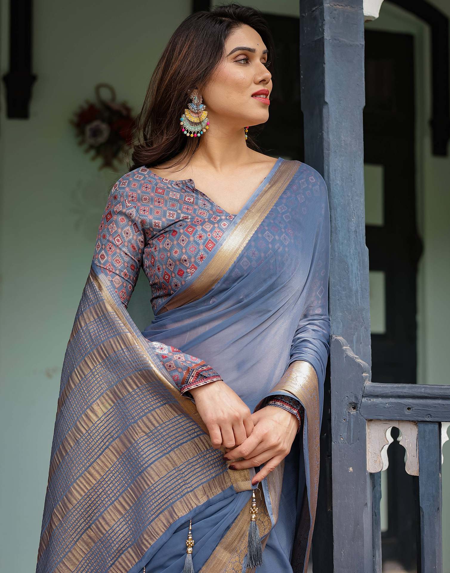 Dusty Blue Chiffon Woven Solid Saree