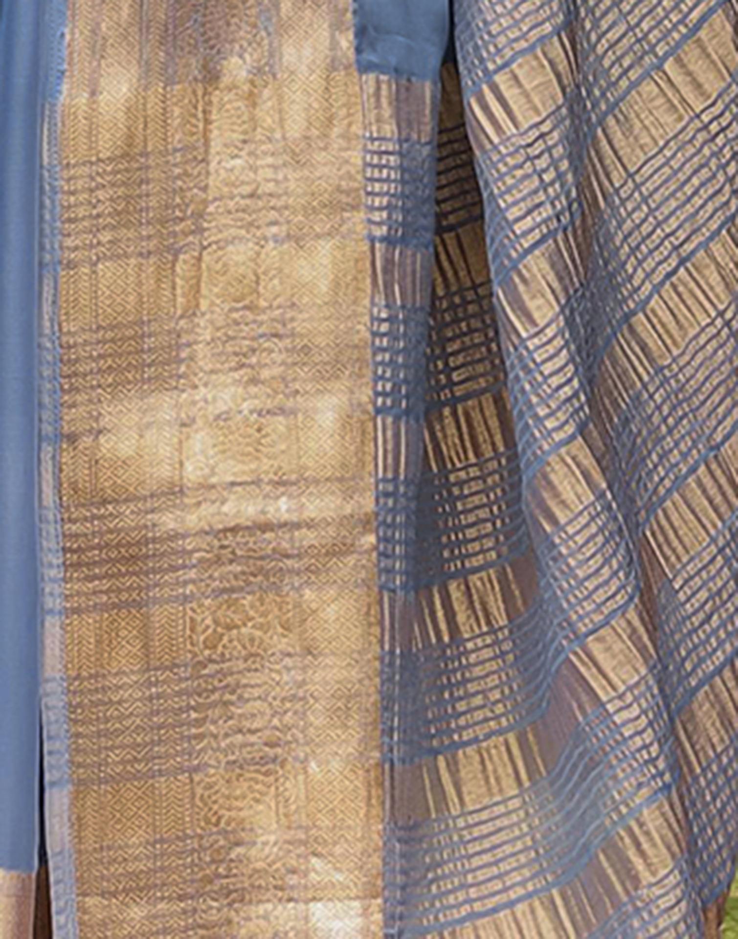 Dusty Blue Chiffon Woven Solid Saree