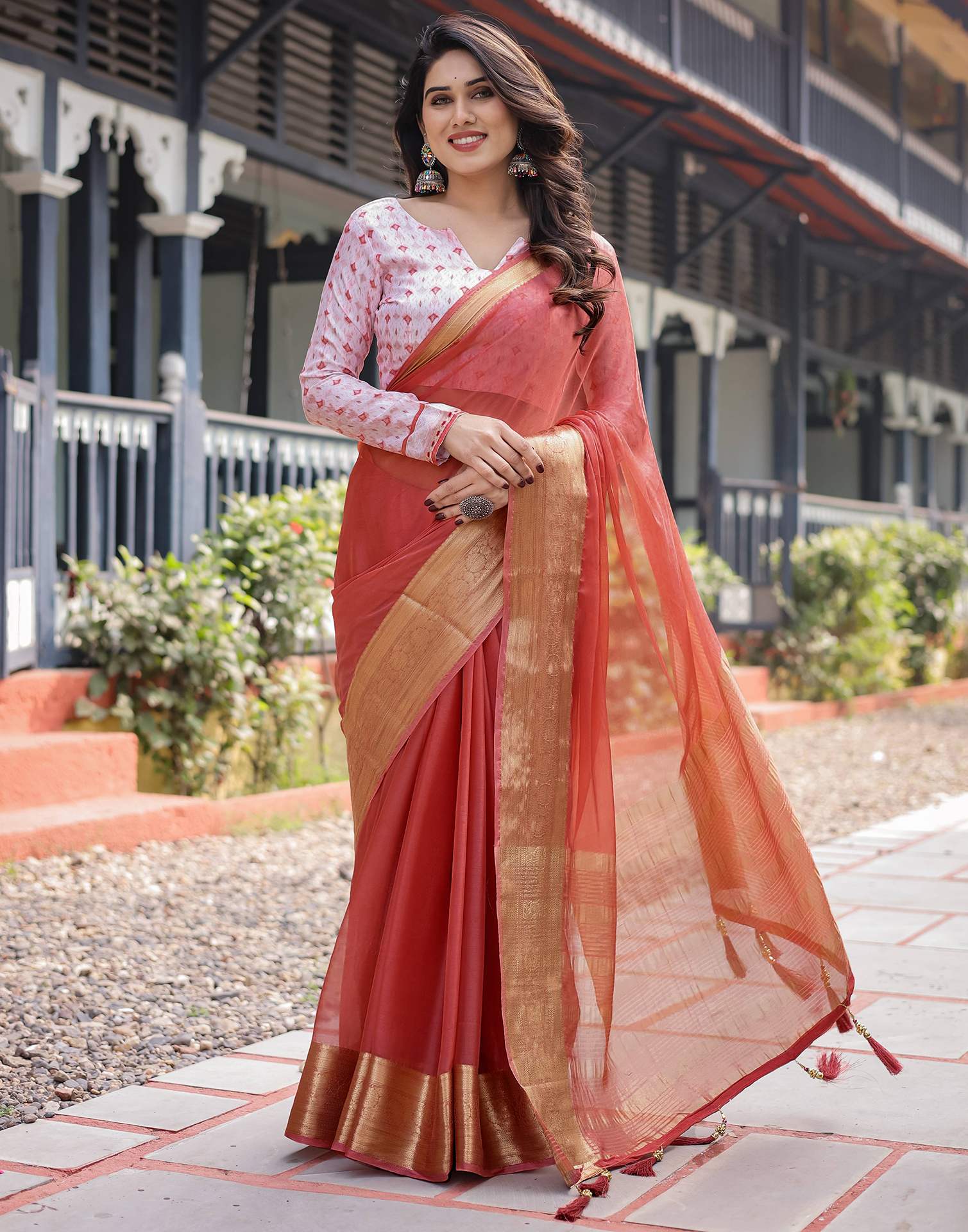 Orange Chiffon Woven Solid Saree