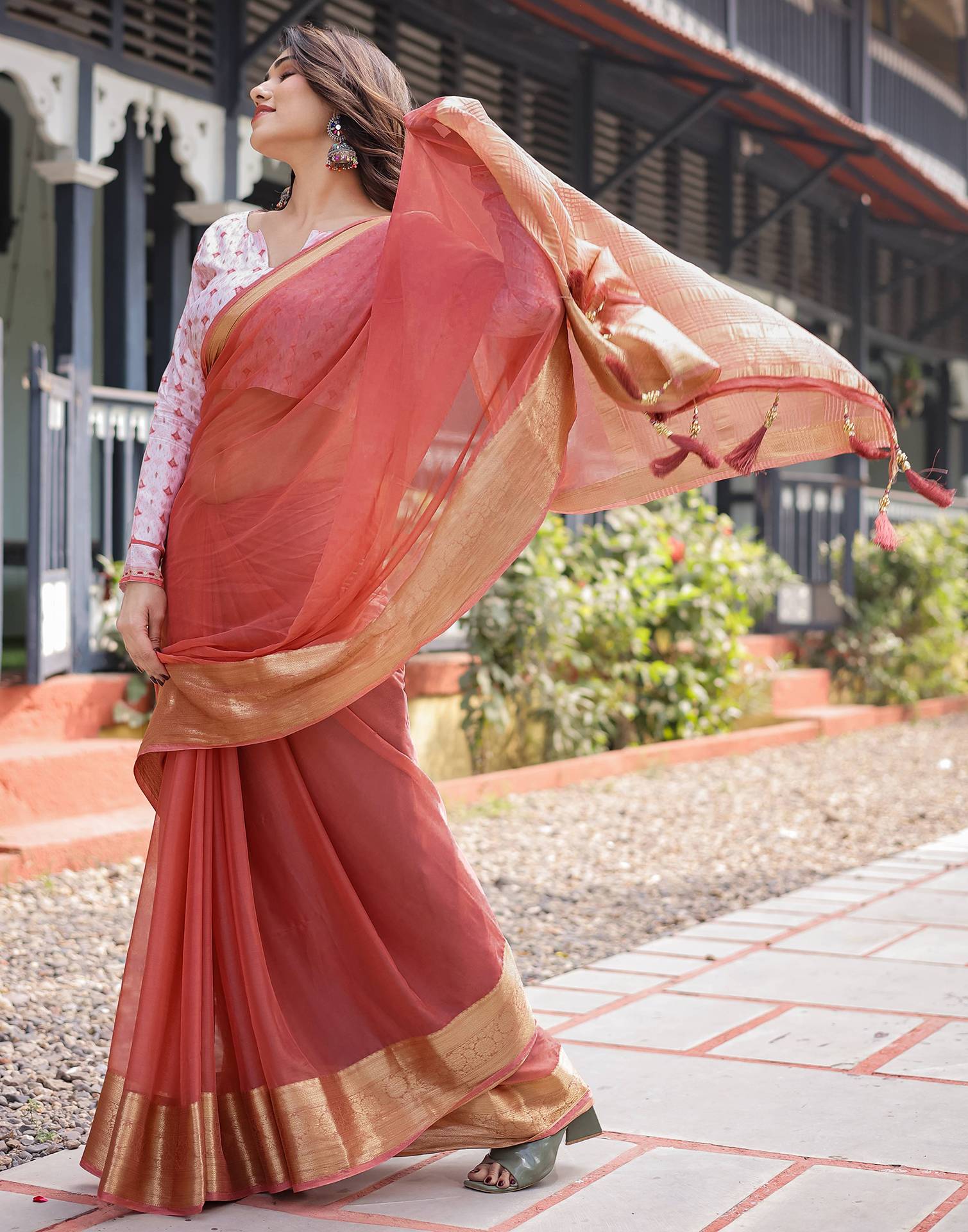 Orange Chiffon Woven Solid Saree