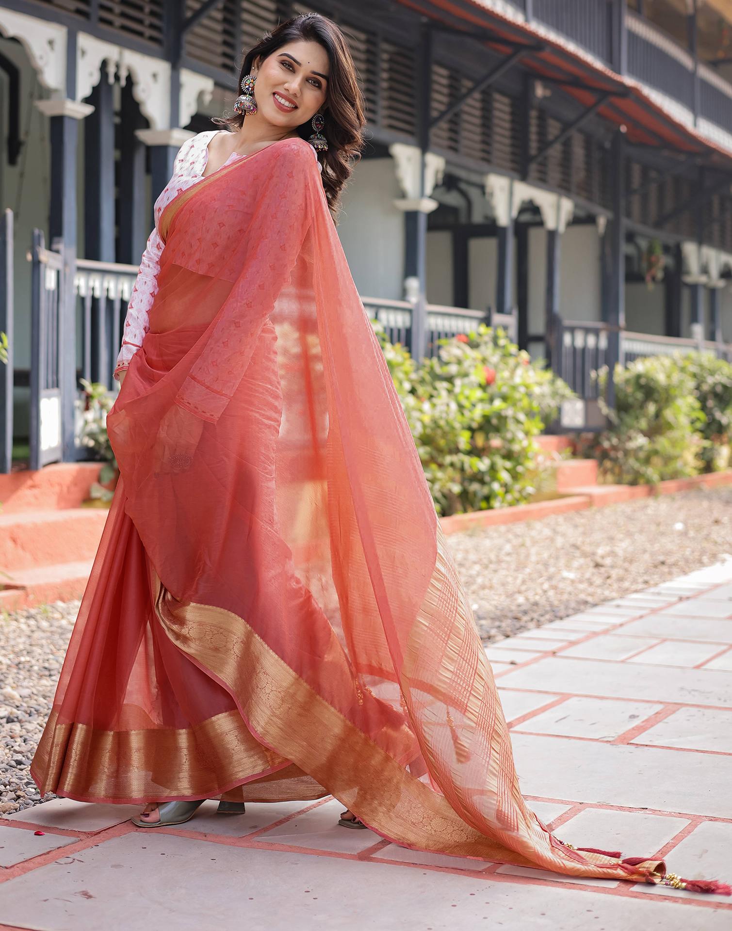 Orange Chiffon Woven Solid Saree