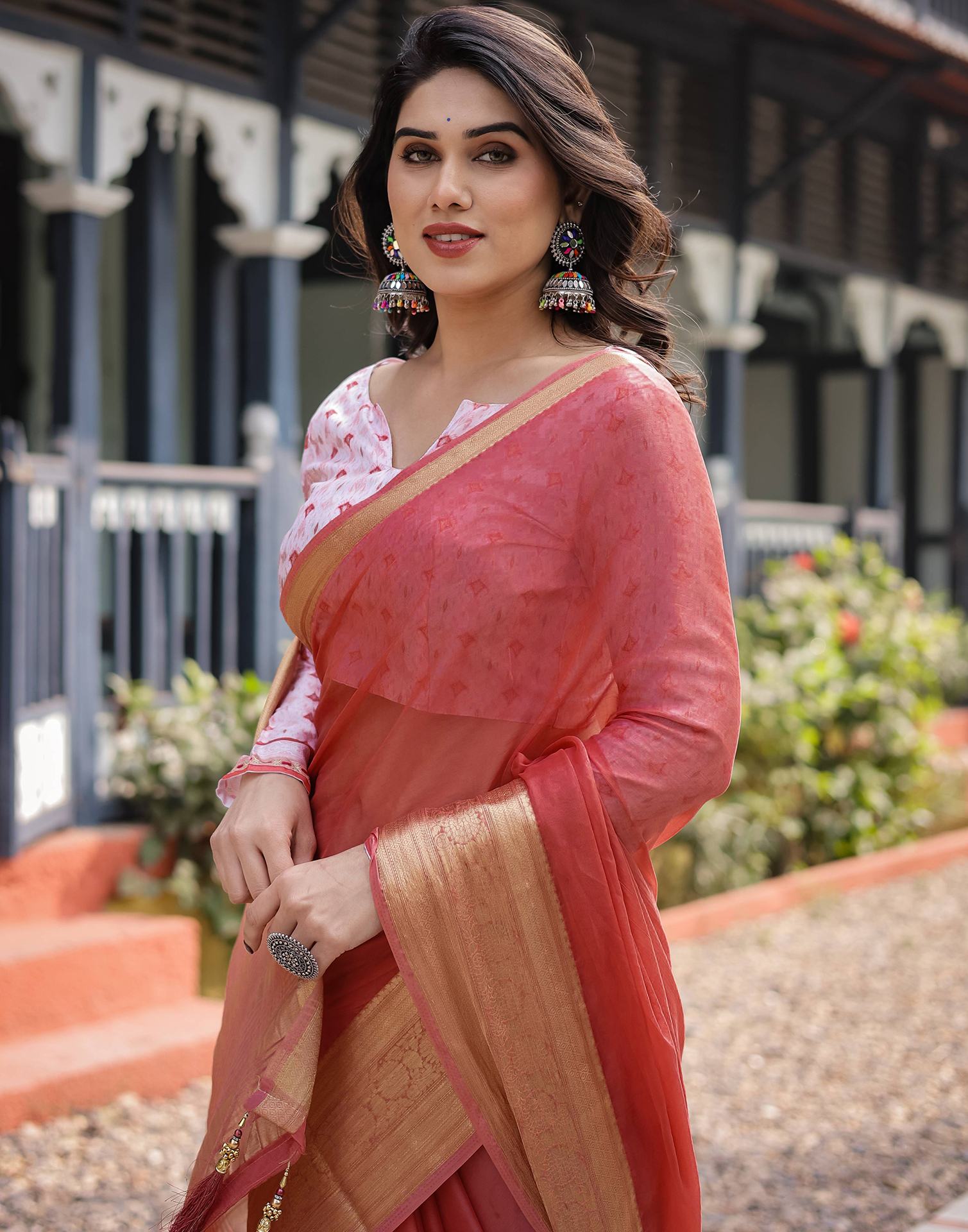 Orange Chiffon Woven Solid Saree