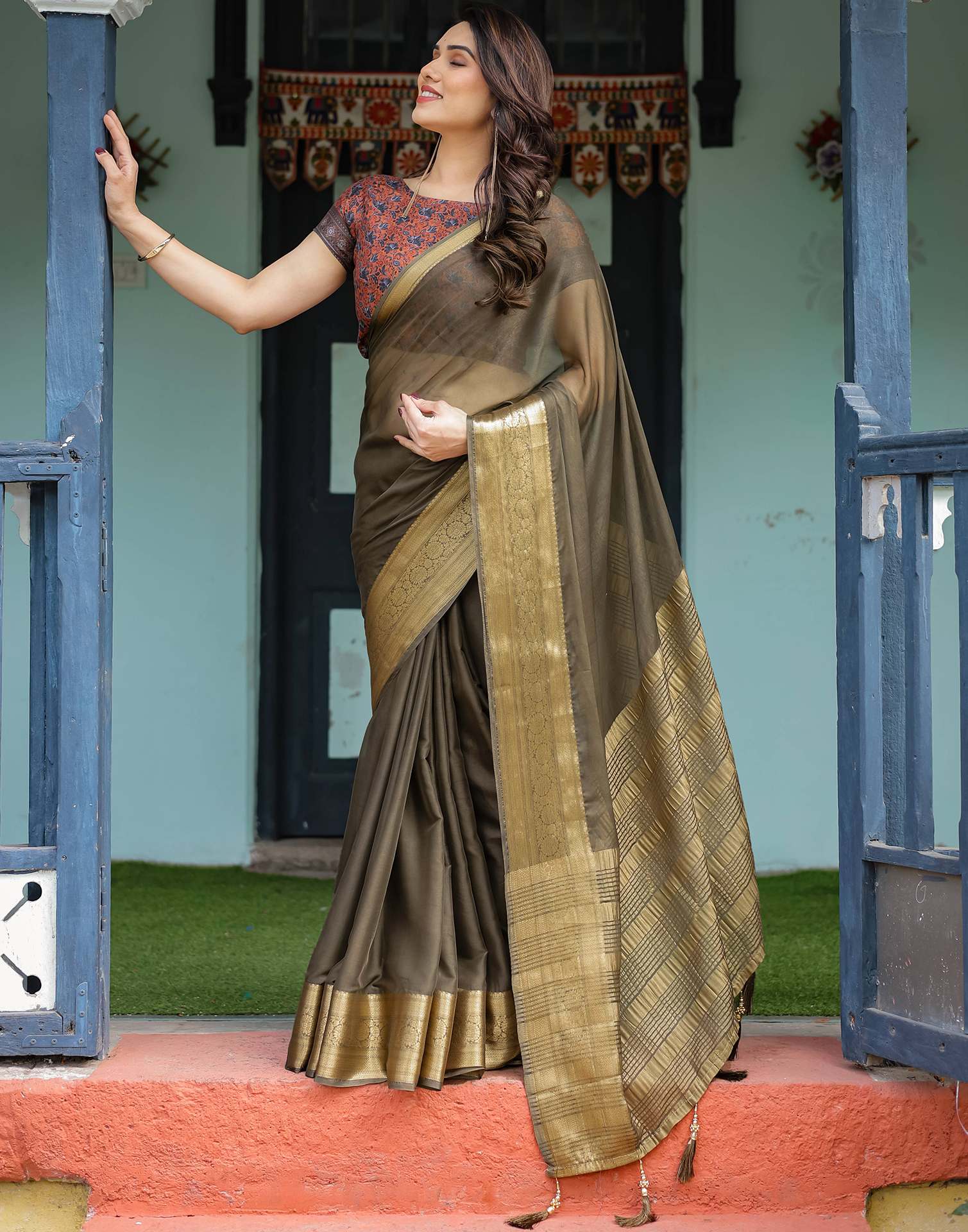 Olive Green Chiffon Woven Solid Saree