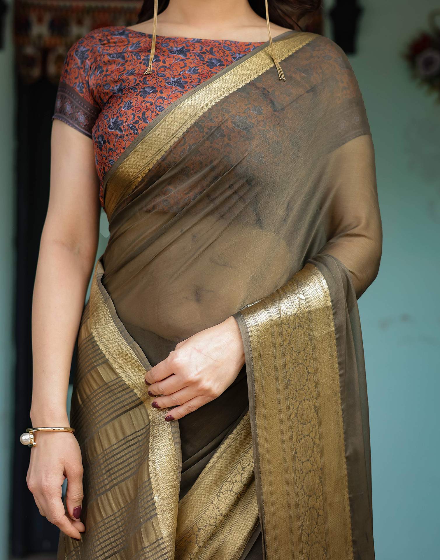 Olive Green Chiffon Woven Solid Saree