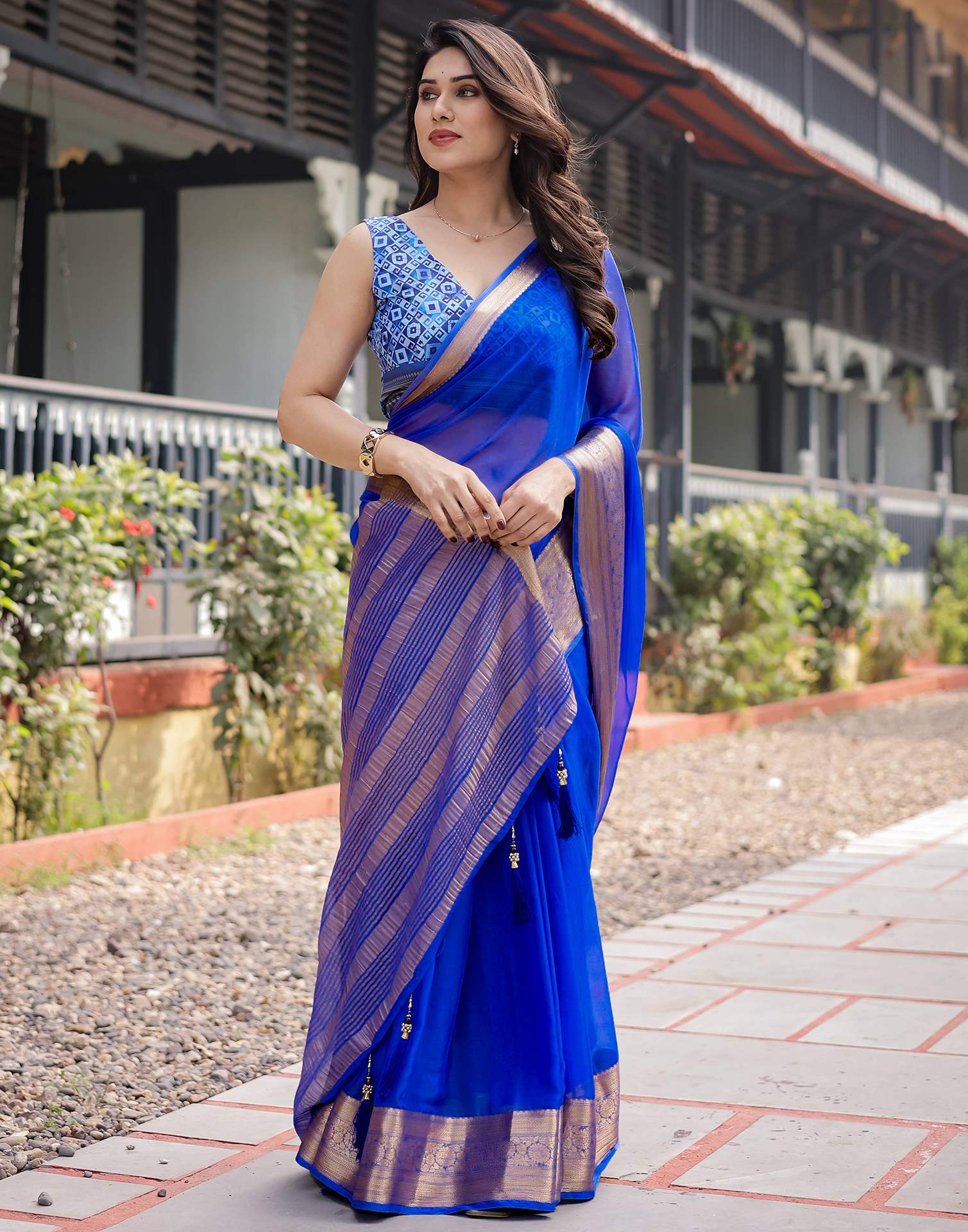 Dark Blue Chiffon Woven Solid Saree