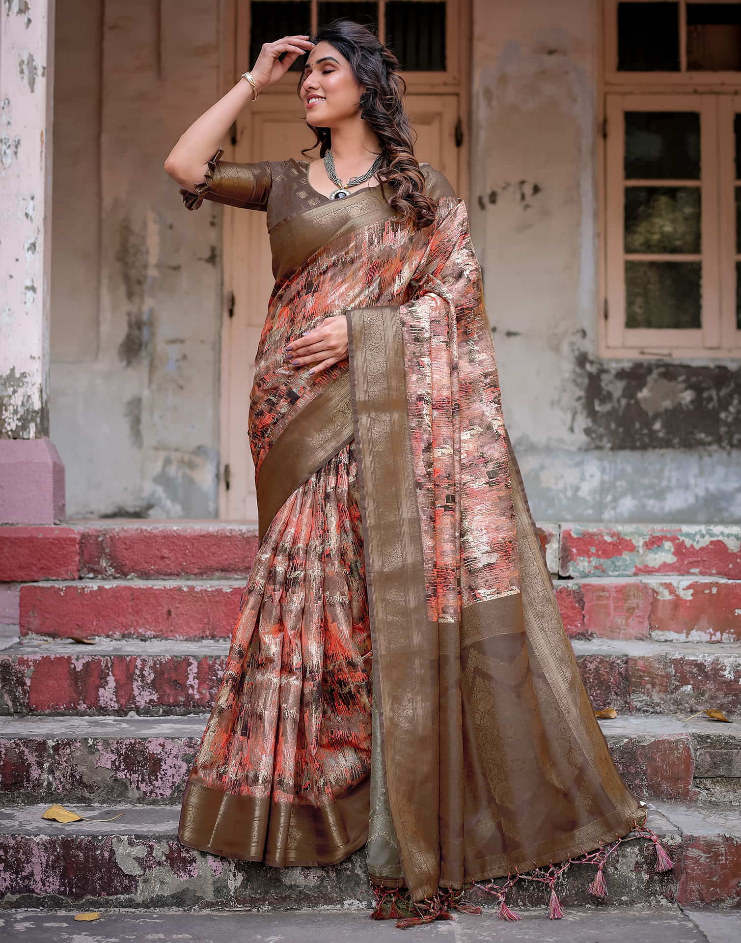 Coffee Brown Silk Printed Saree