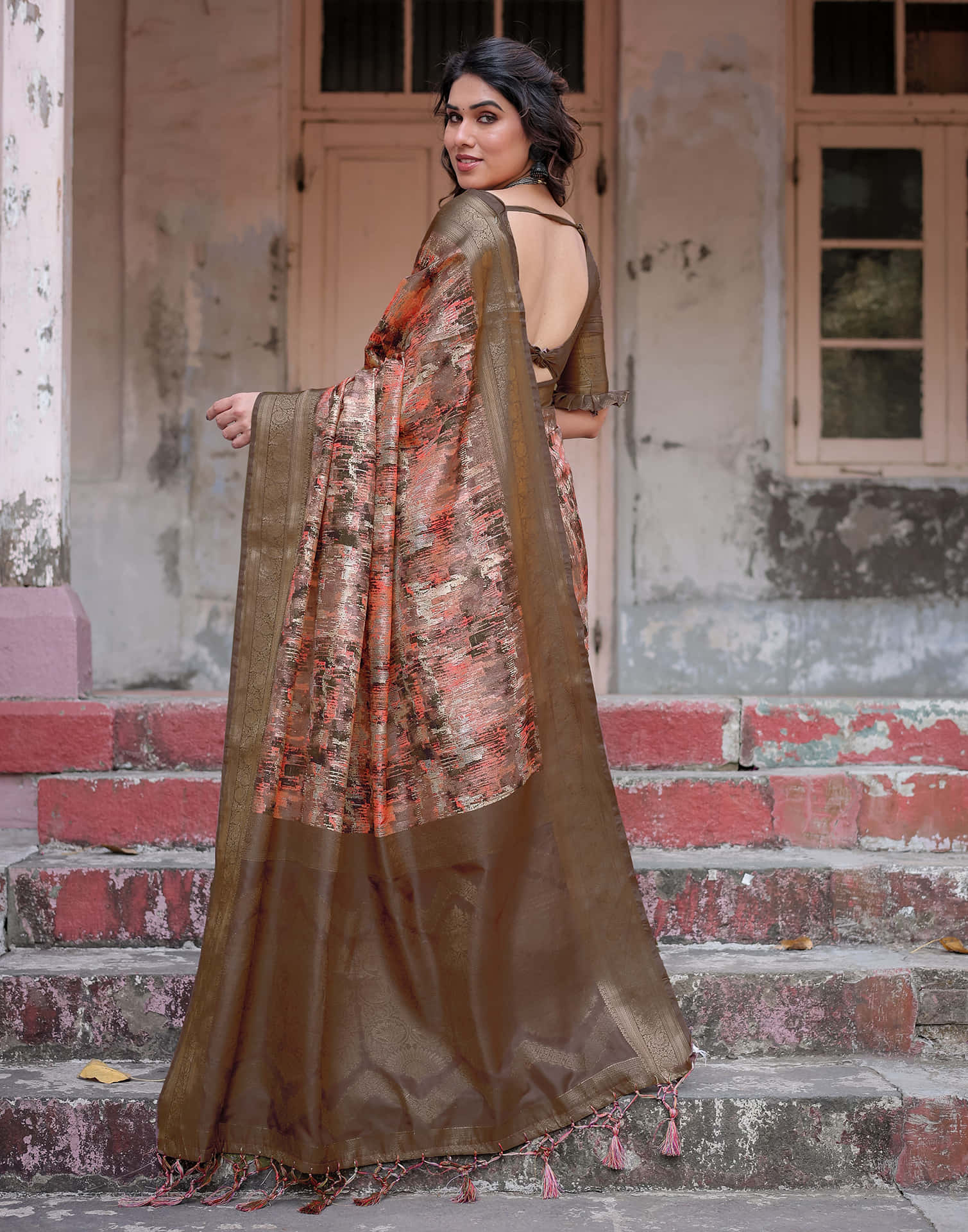 Coffee Brown Silk Printed Saree