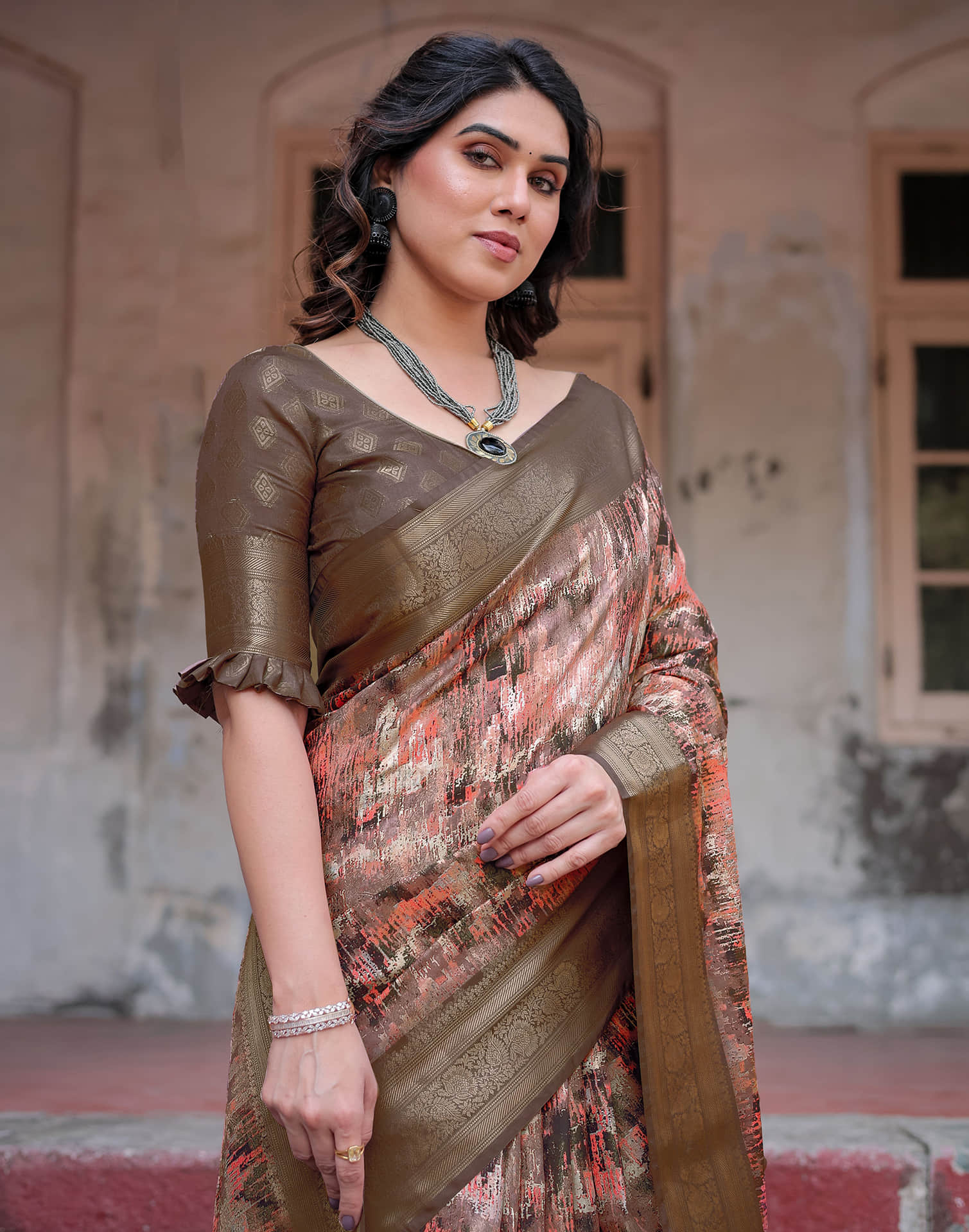 Coffee Brown Silk Printed Saree