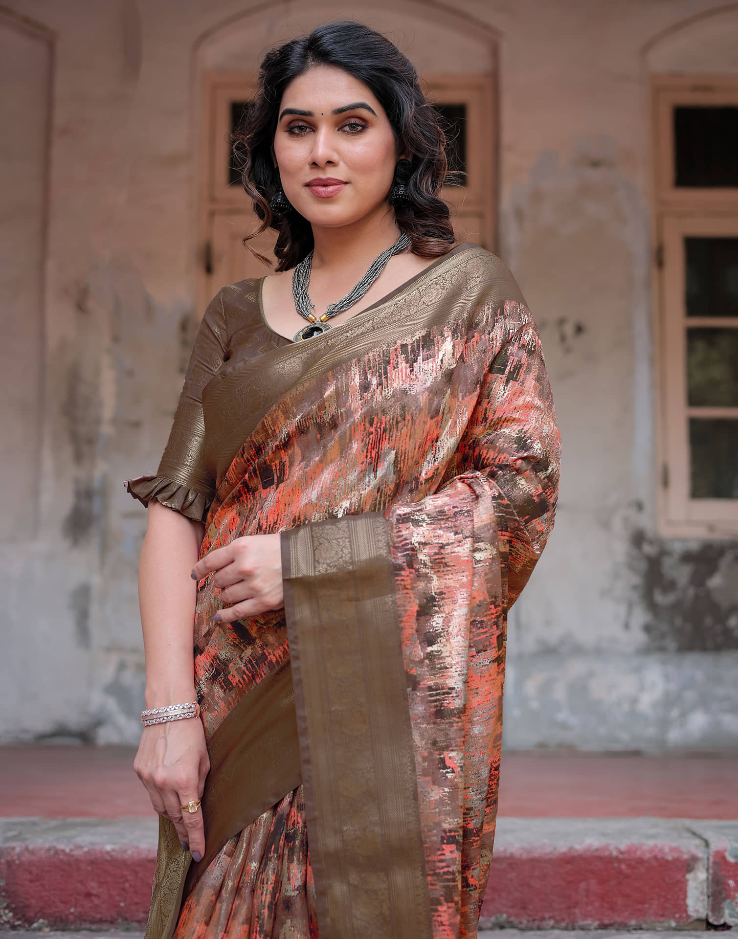 Coffee Brown Silk Printed Saree