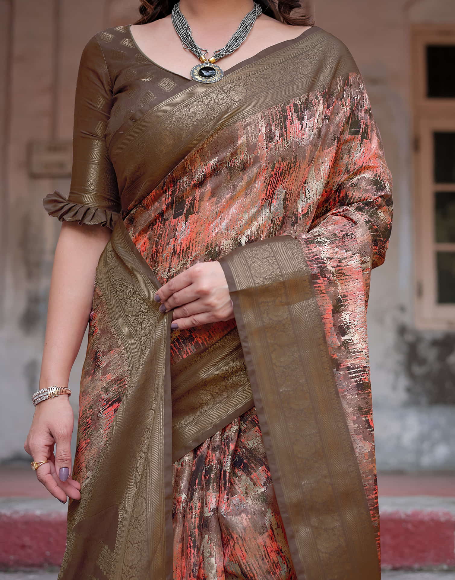 Coffee Brown Silk Printed Saree