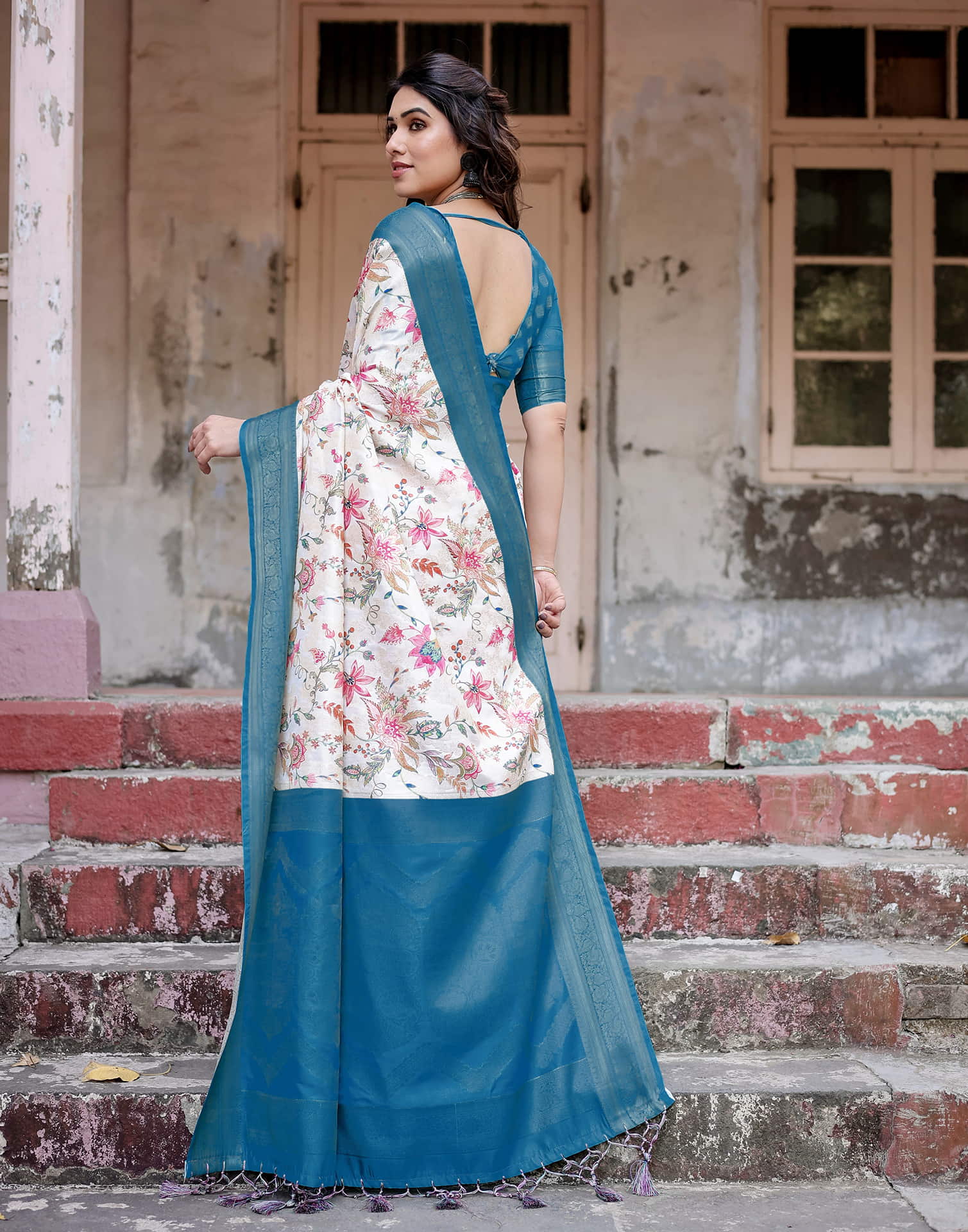 Teal Blue Silk Printed Saree
