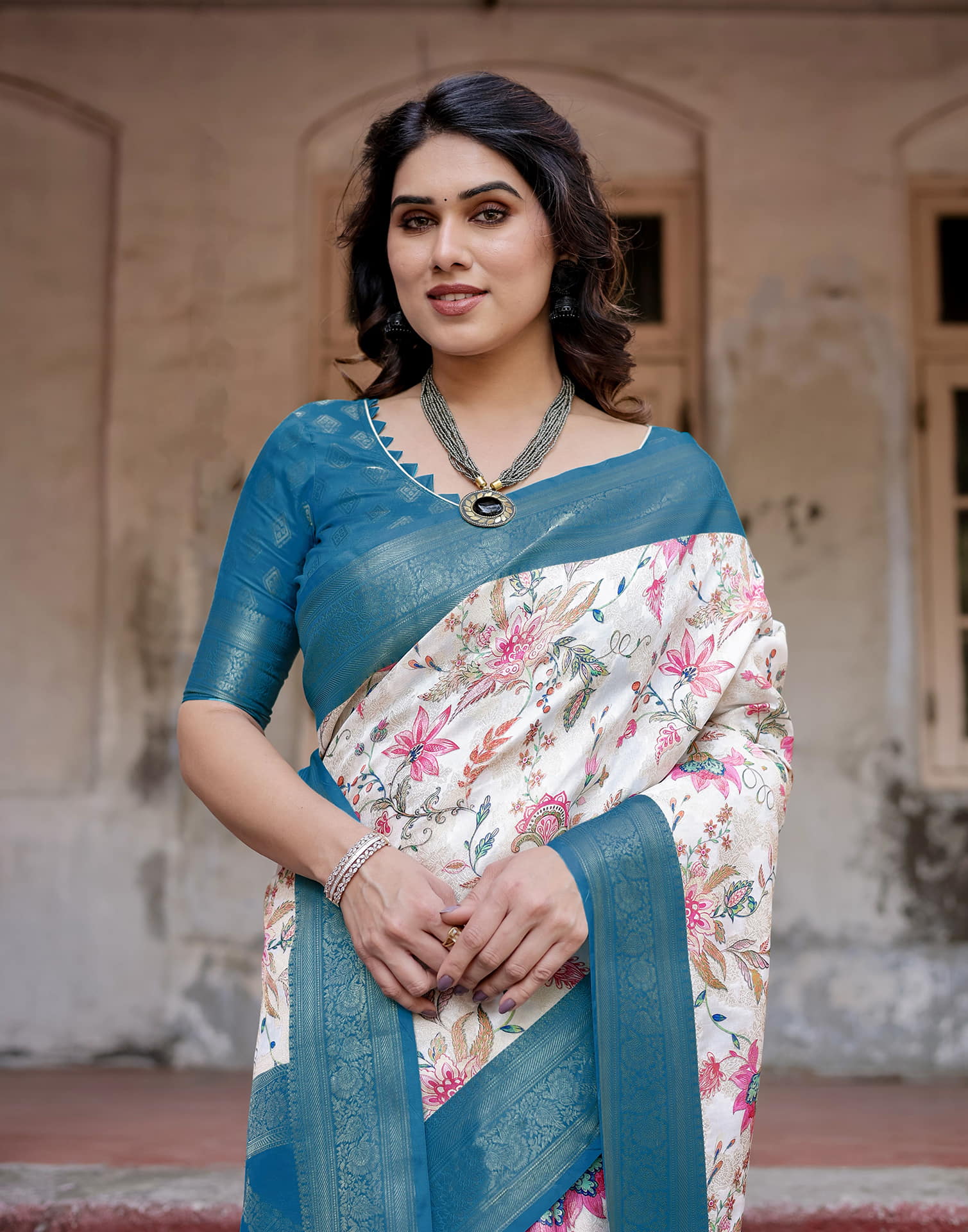 Teal Blue Silk Printed Saree
