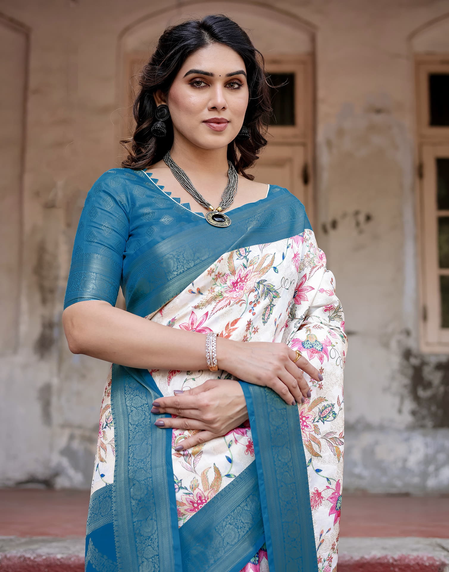 Teal Blue Silk Printed Saree