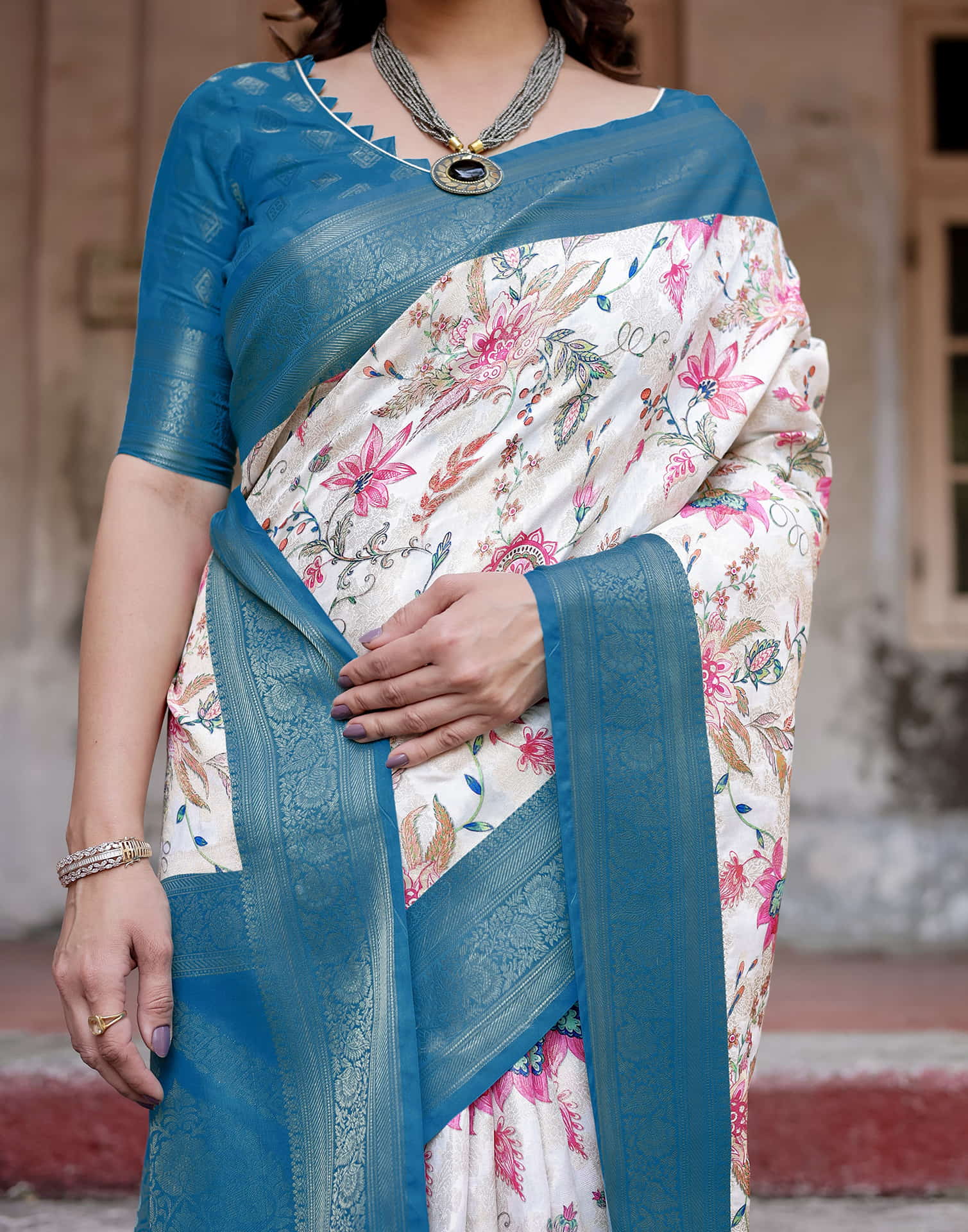 Teal Blue Silk Printed Saree