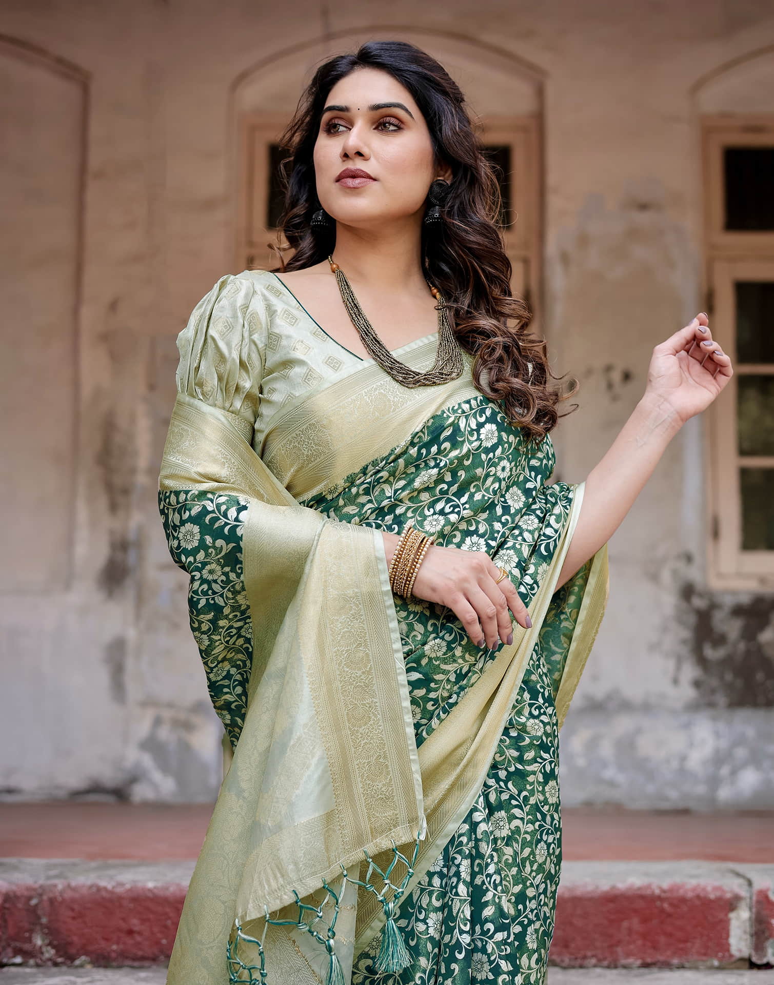 Beige Silk Printed Saree