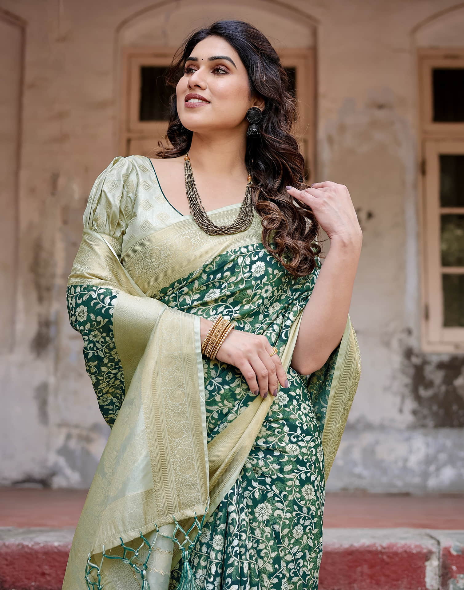 Beige Silk Printed Saree