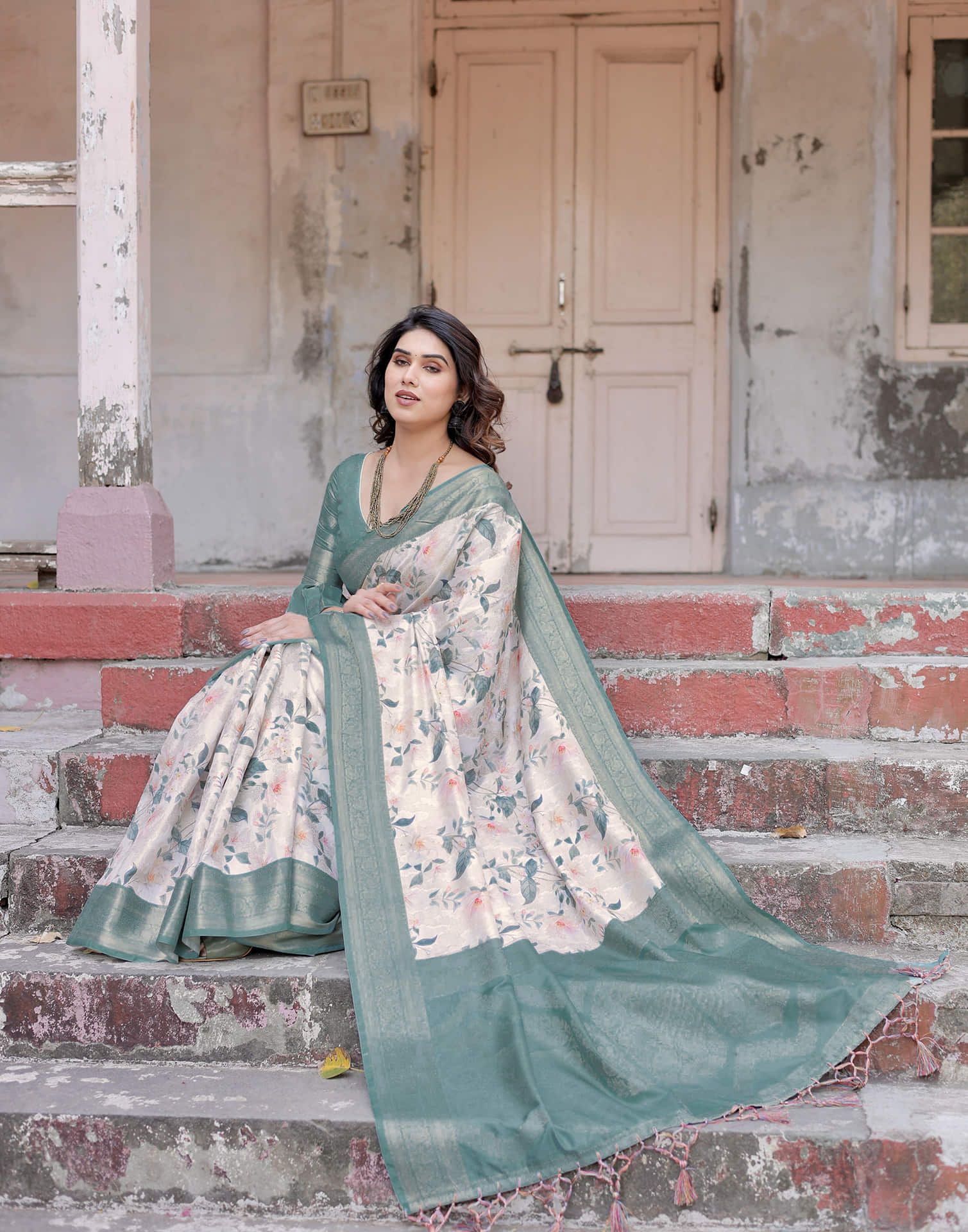 Dusty Blue Silk Printed Saree