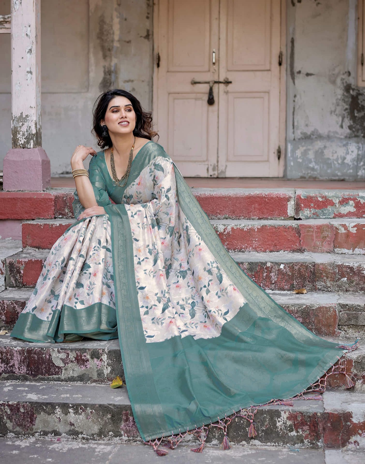 Dusty Blue Silk Printed Saree