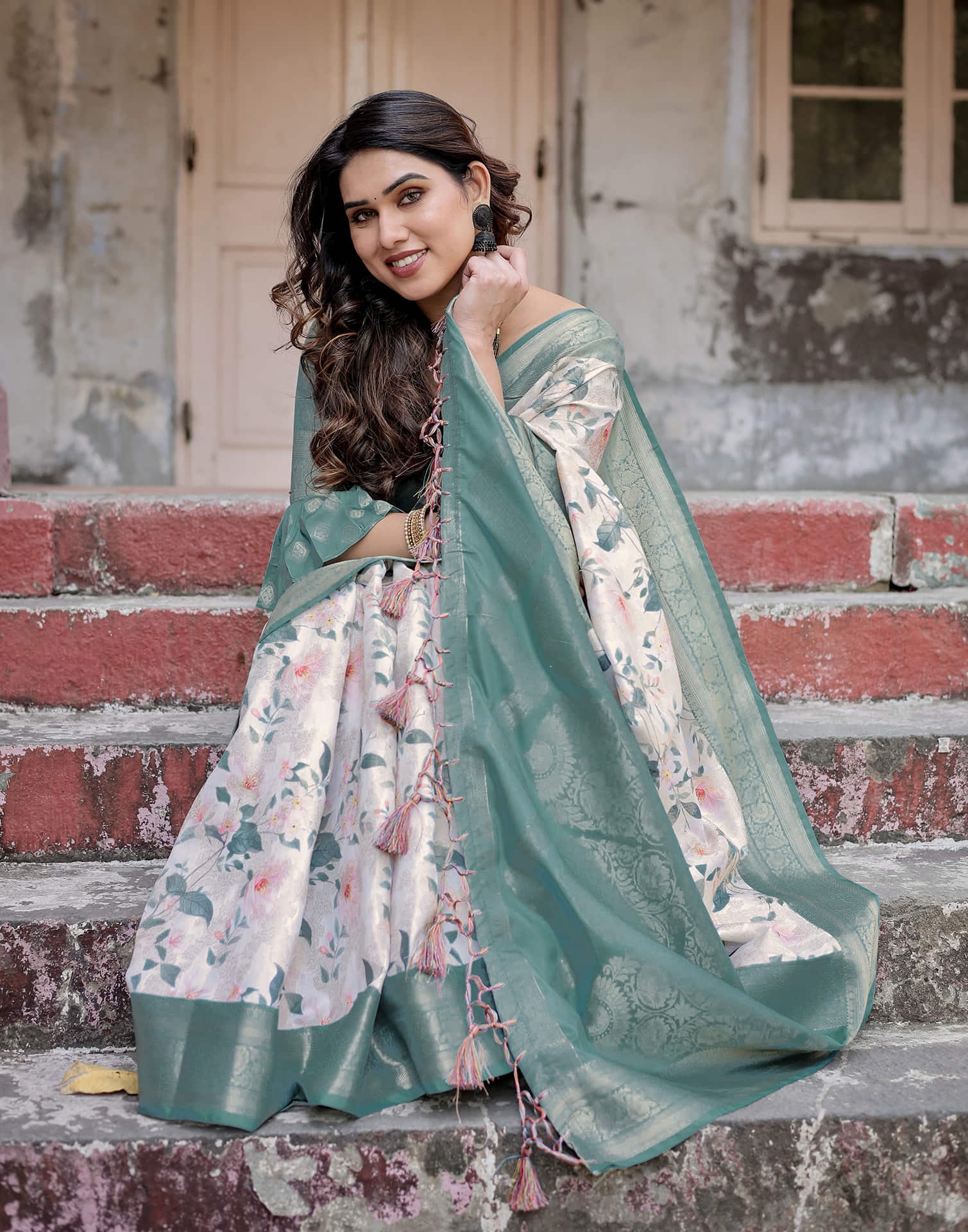 Dusty Blue Silk Printed Saree