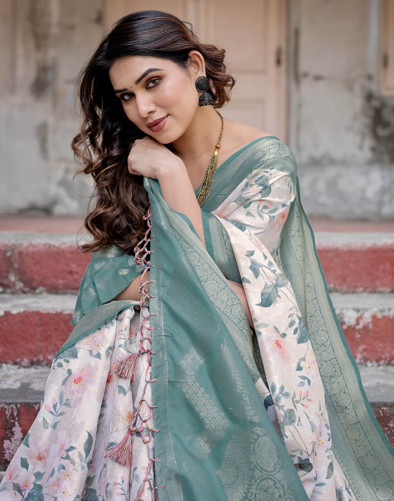 Dusty Blue Silk Printed Saree