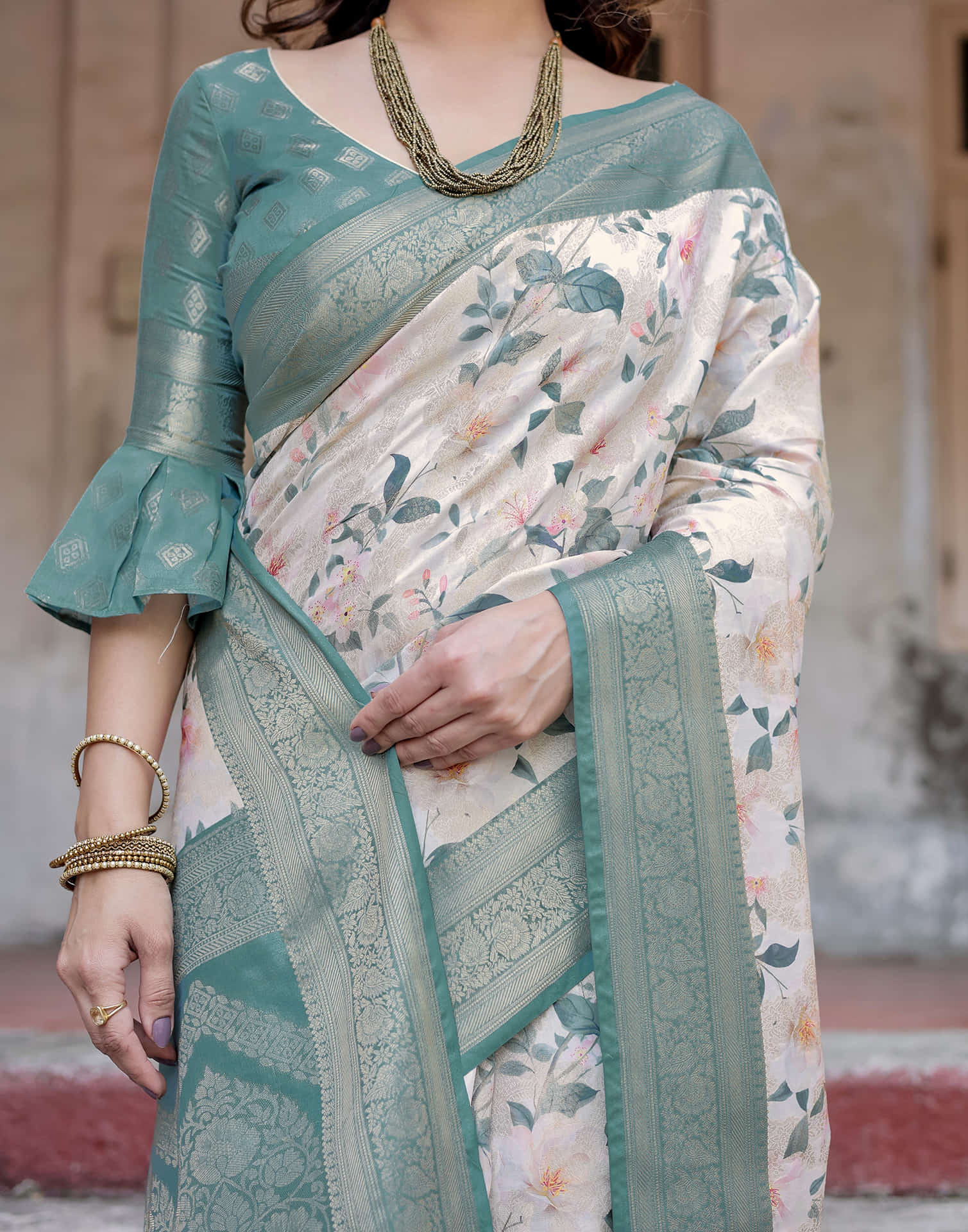 Dusty Blue Silk Printed Saree