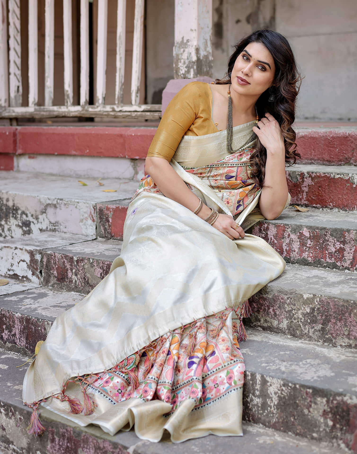 Beige Silk Printed Saree