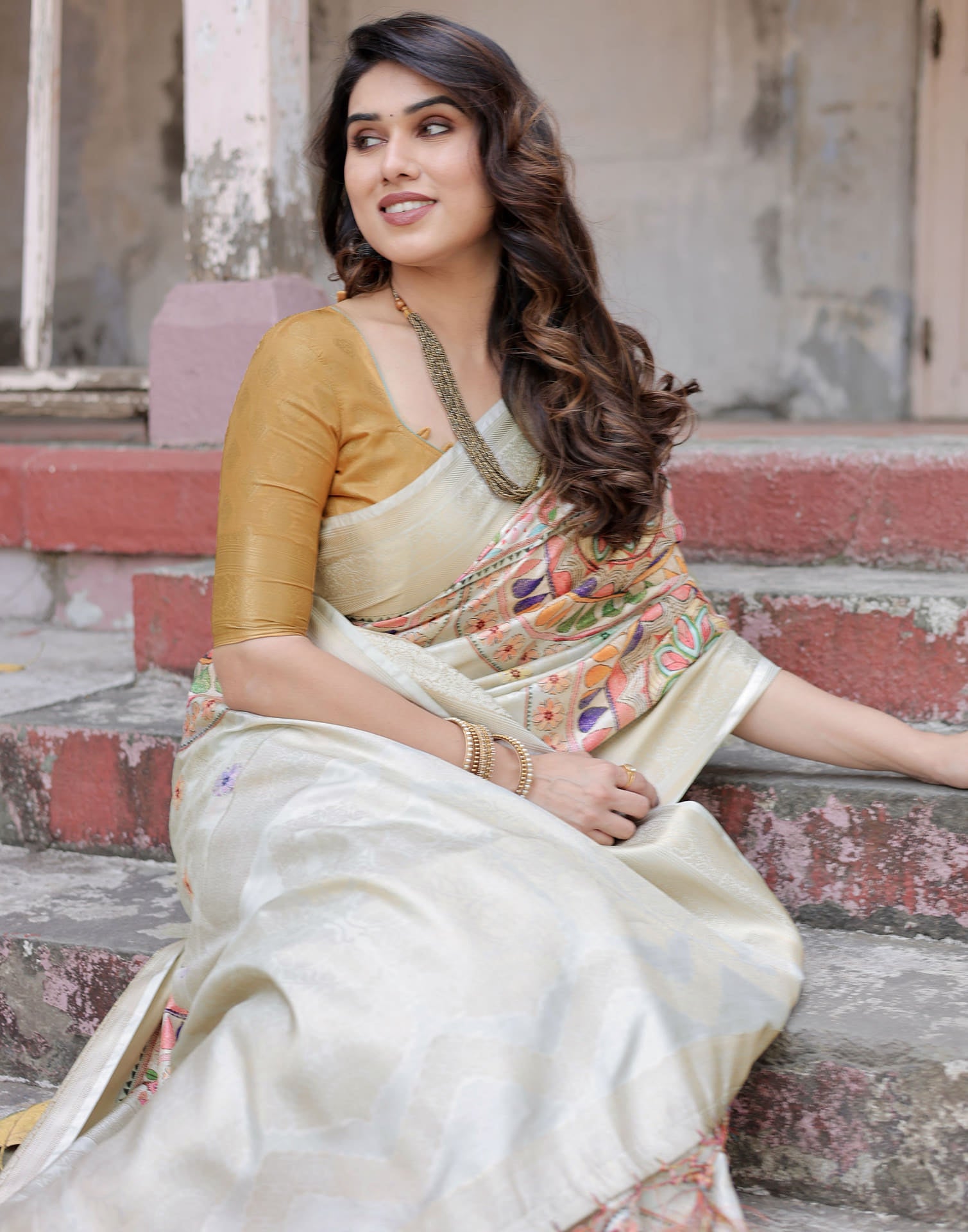 Beige Silk Printed Saree