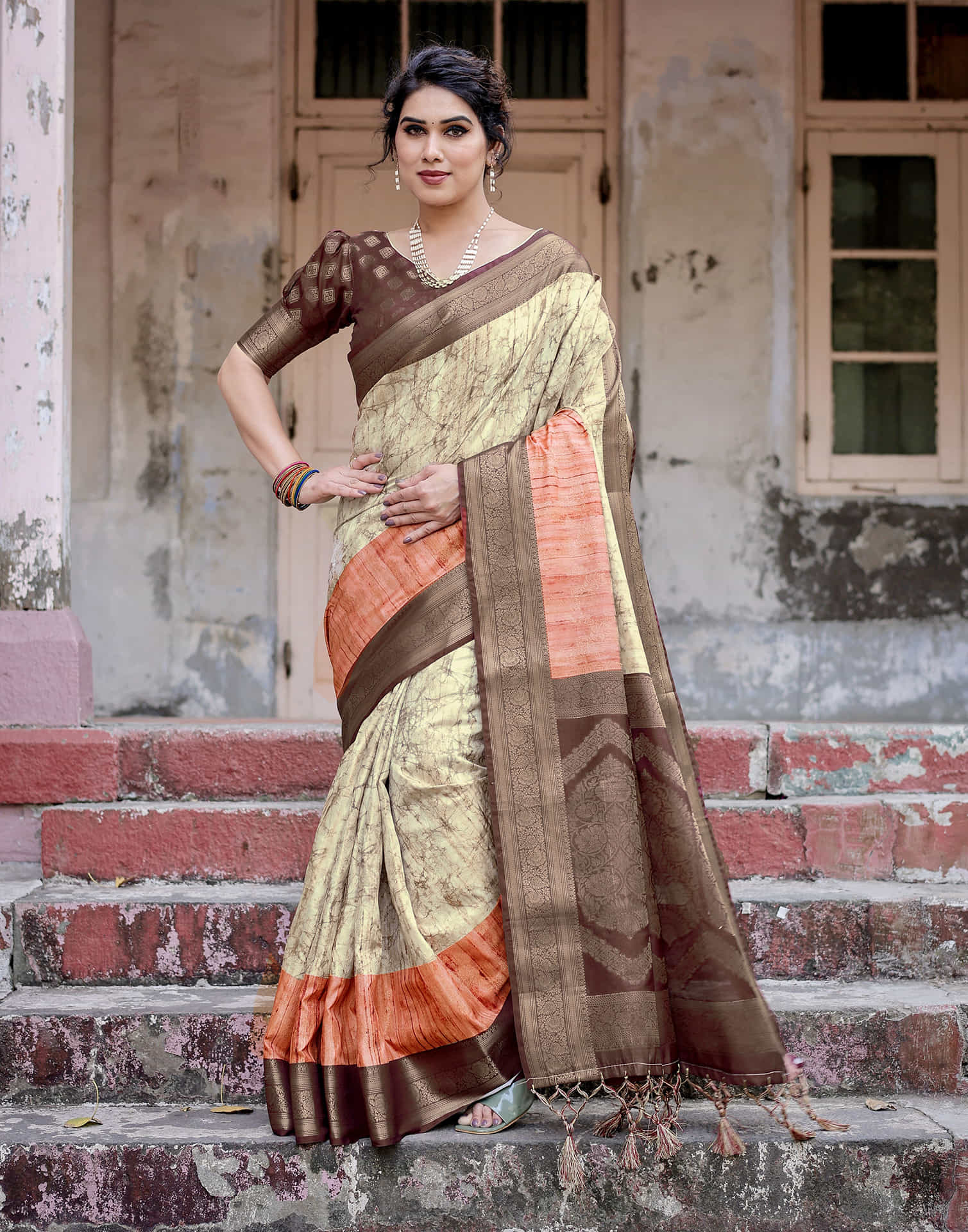 Dark Brown Silk Printed Saree