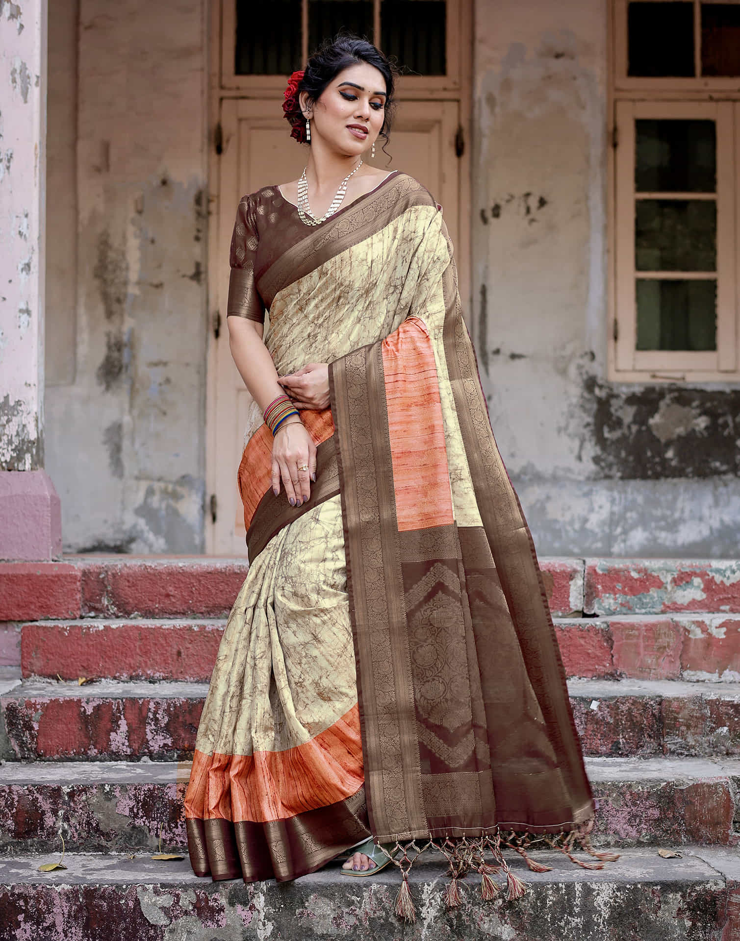 Dark Brown Silk Printed Saree