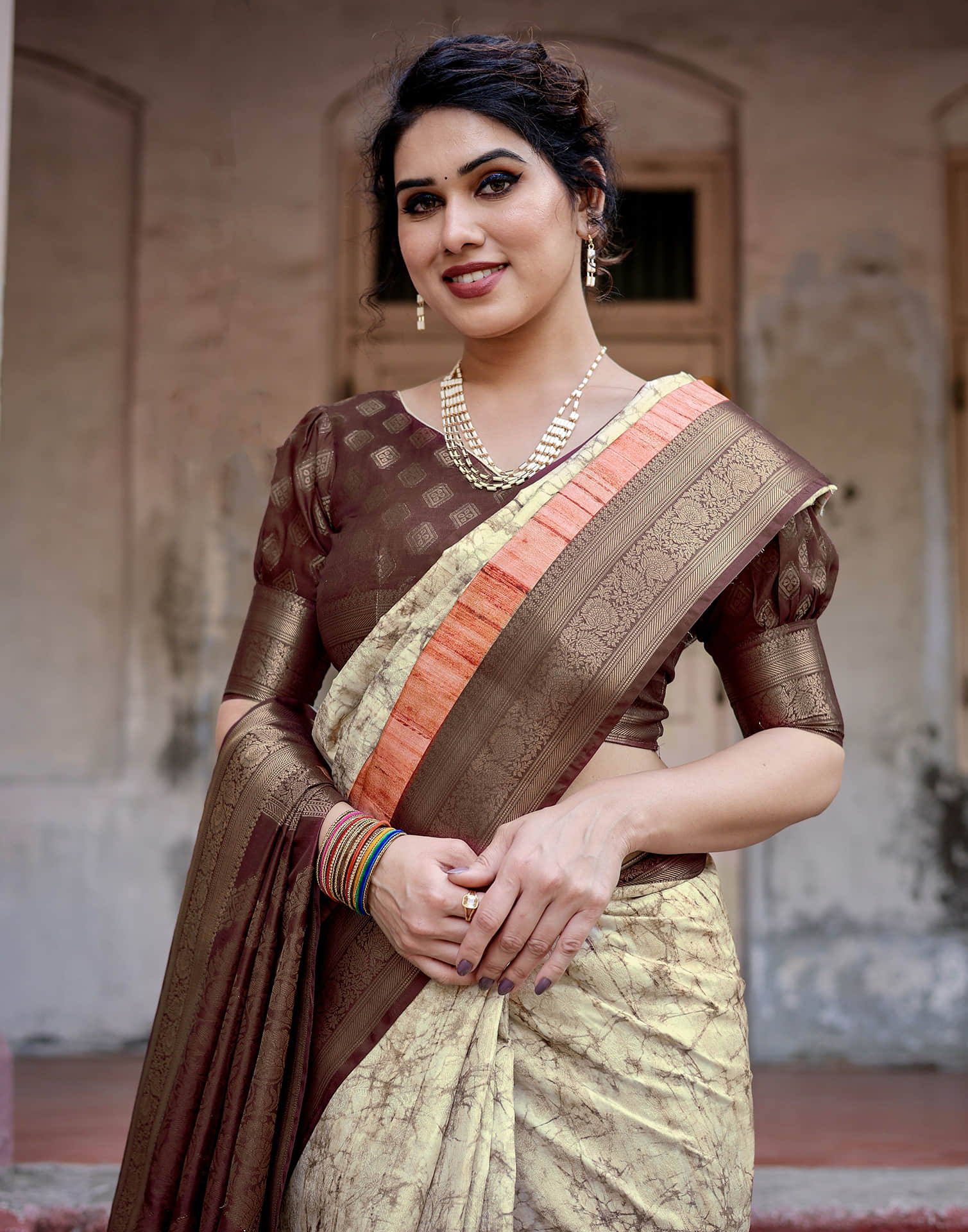 Dark Brown Silk Printed Saree