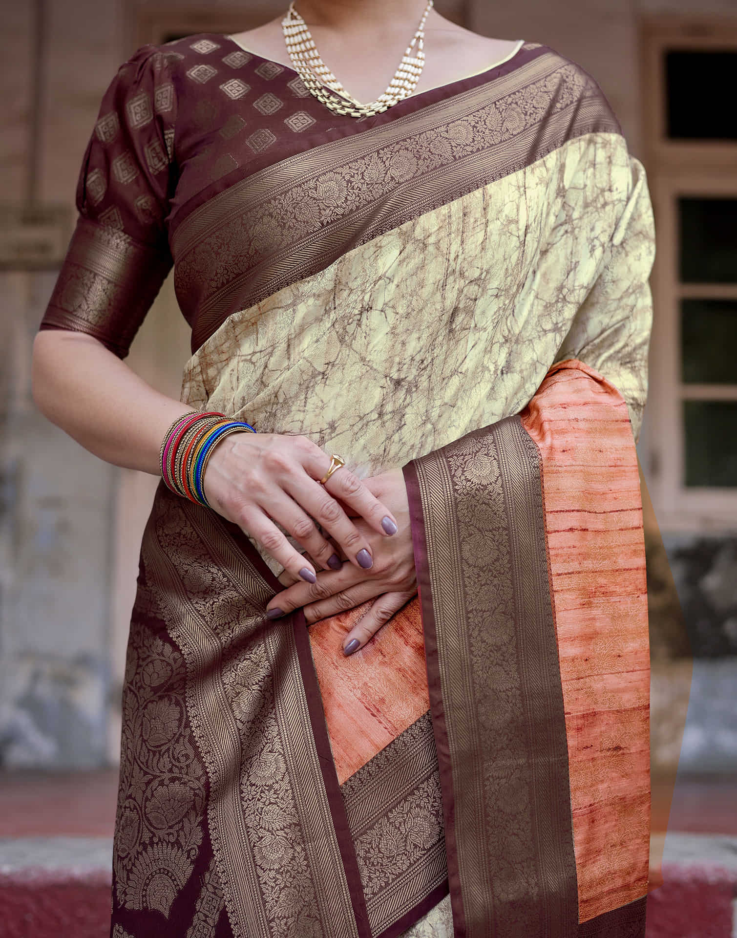 Dark Brown Silk Printed Saree