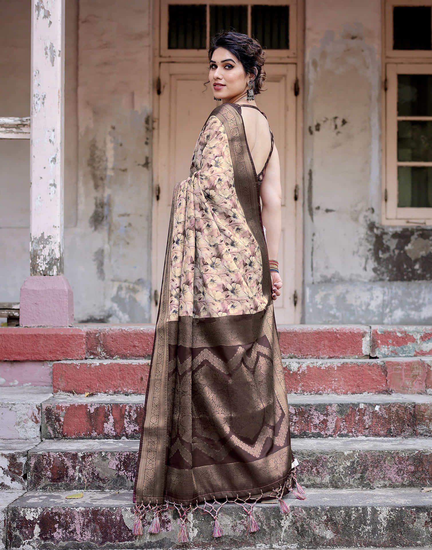 Dark Brown Silk Printed Saree