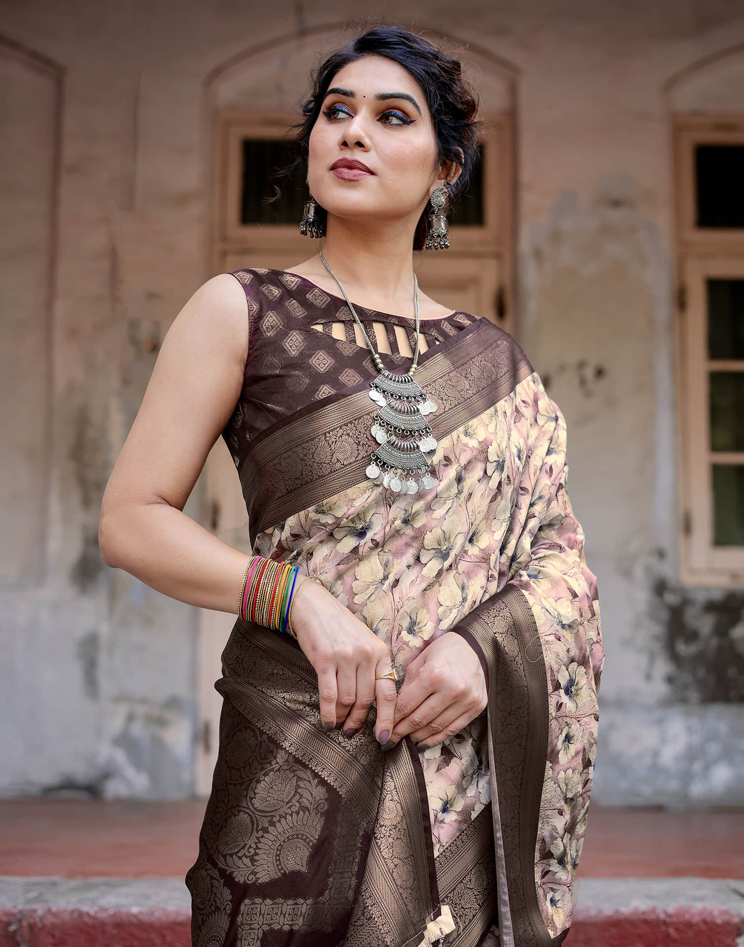 Dark Brown Silk Printed Saree