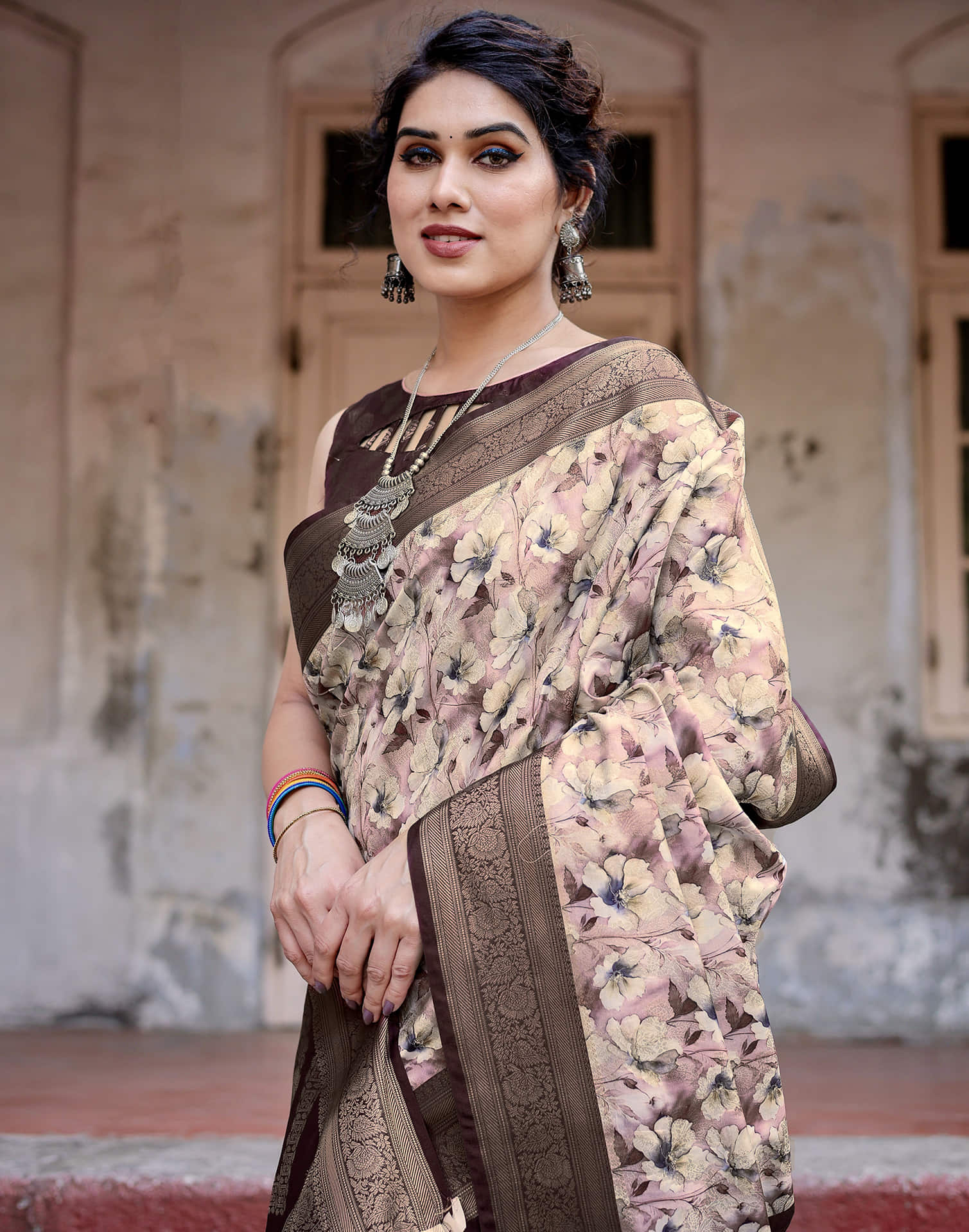 Dark Brown Silk Printed Saree