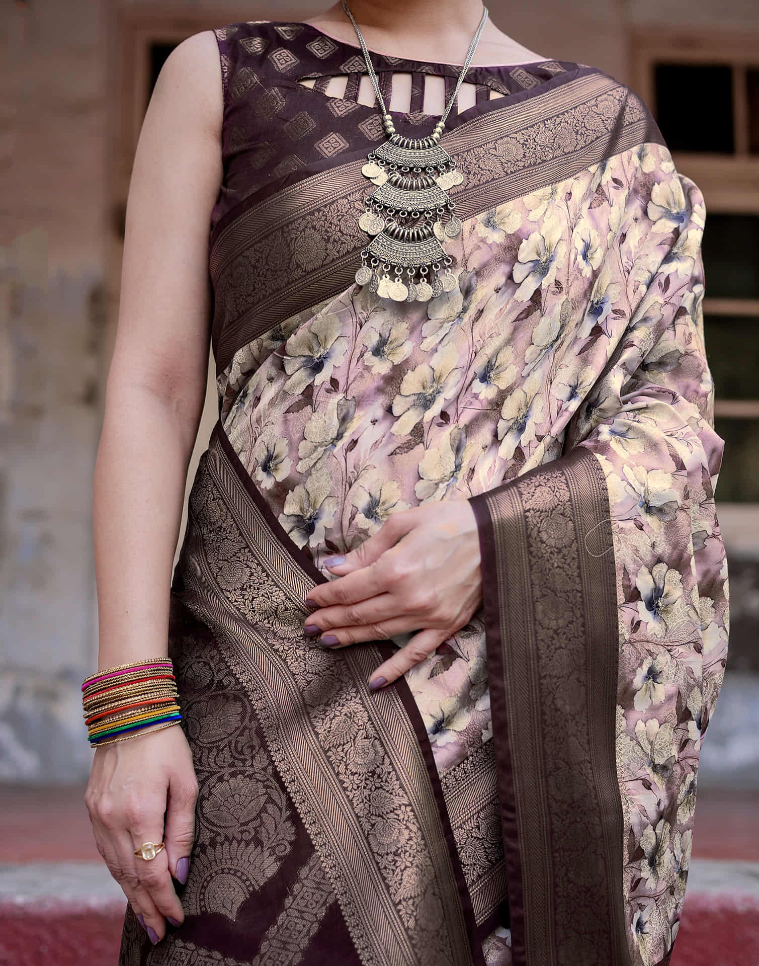 Dark Brown Silk Printed Saree