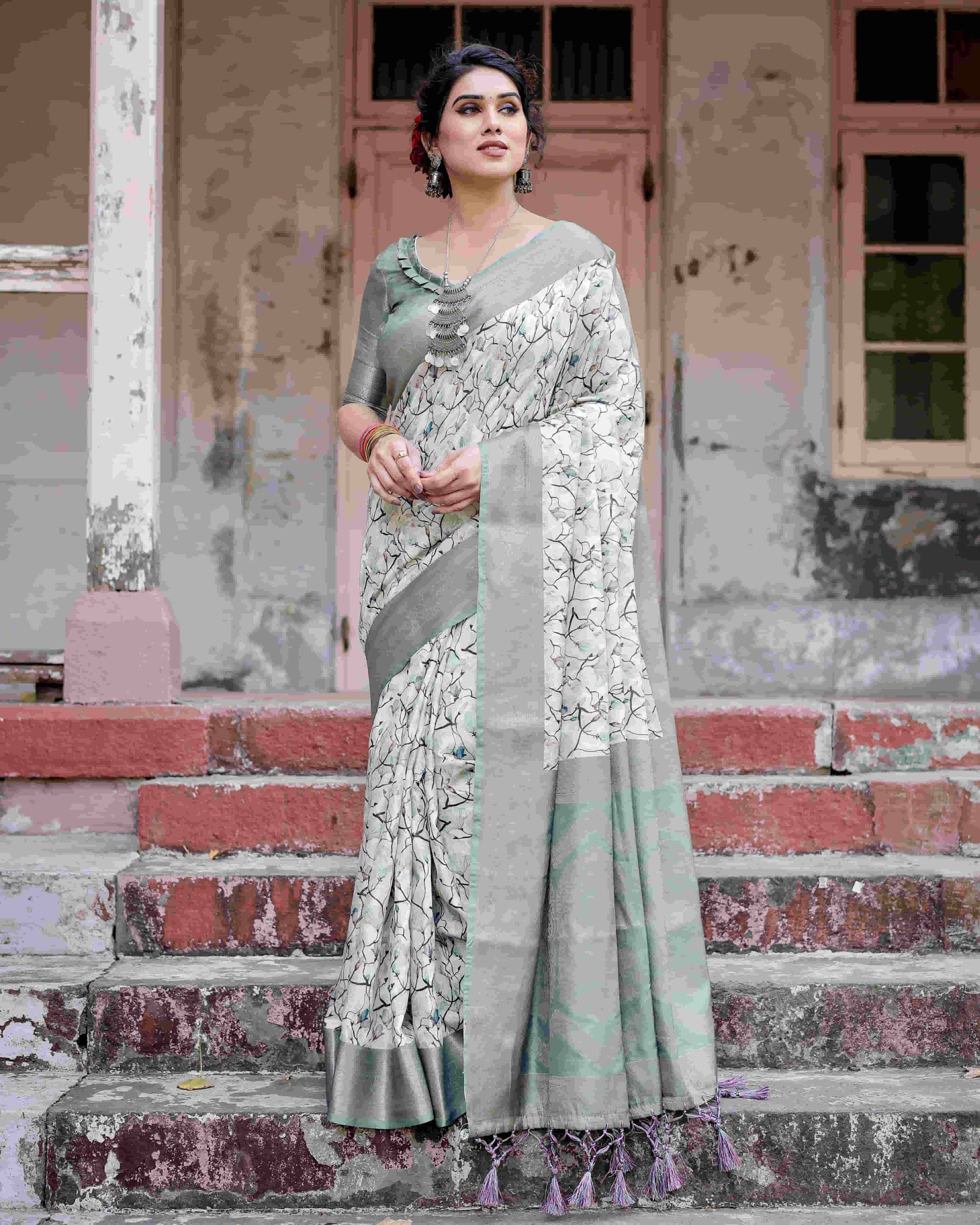 Grey Silk Printed Saree